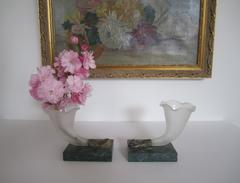 Bronze Fists White Glass and Dark Green Marble Vases, Pair