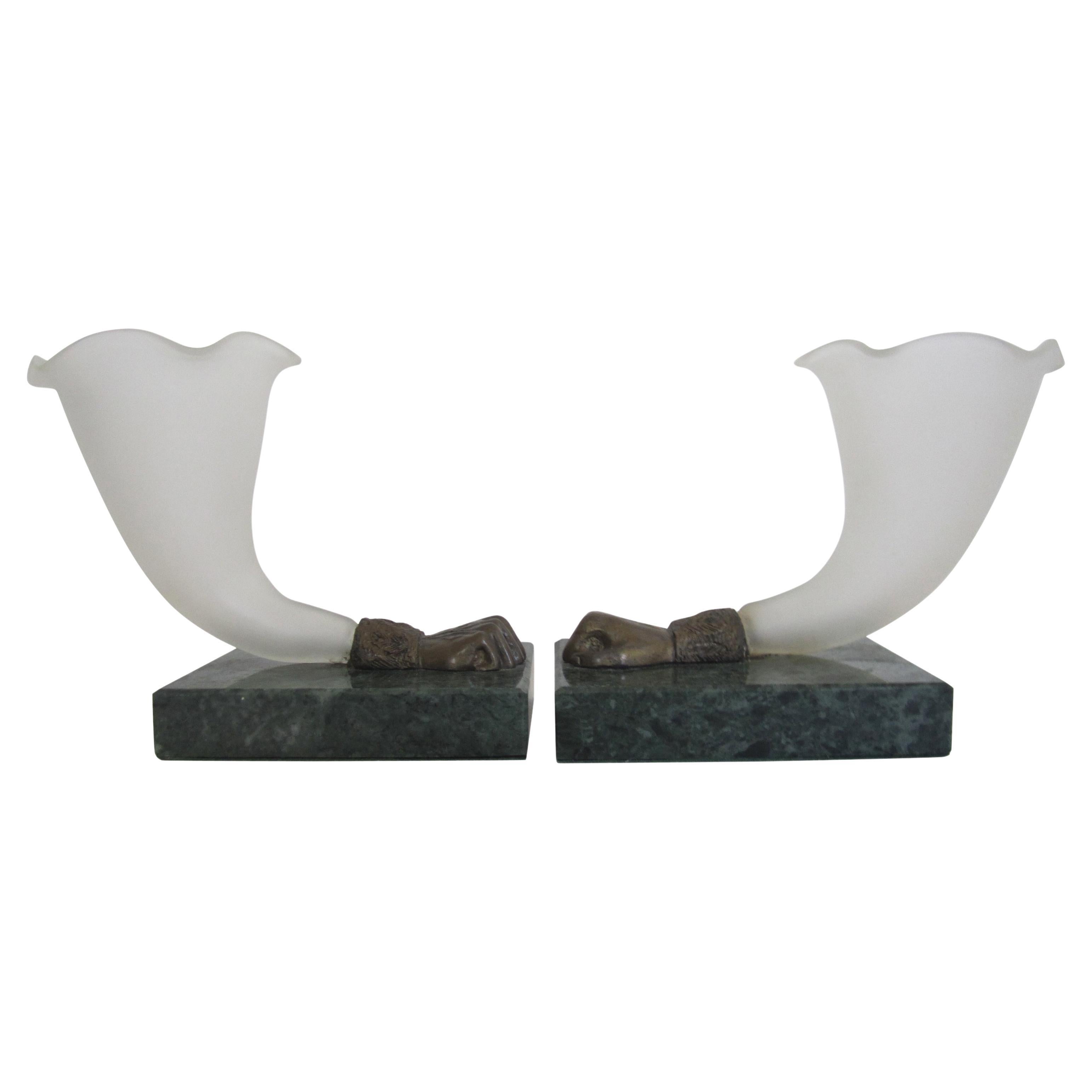 Bronze Fists White Glass and Dark Green Marble Vases, Pair For Sale
