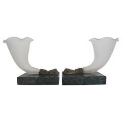 Bronze Fists White Glass and Dark Green Marble Vases, Pair