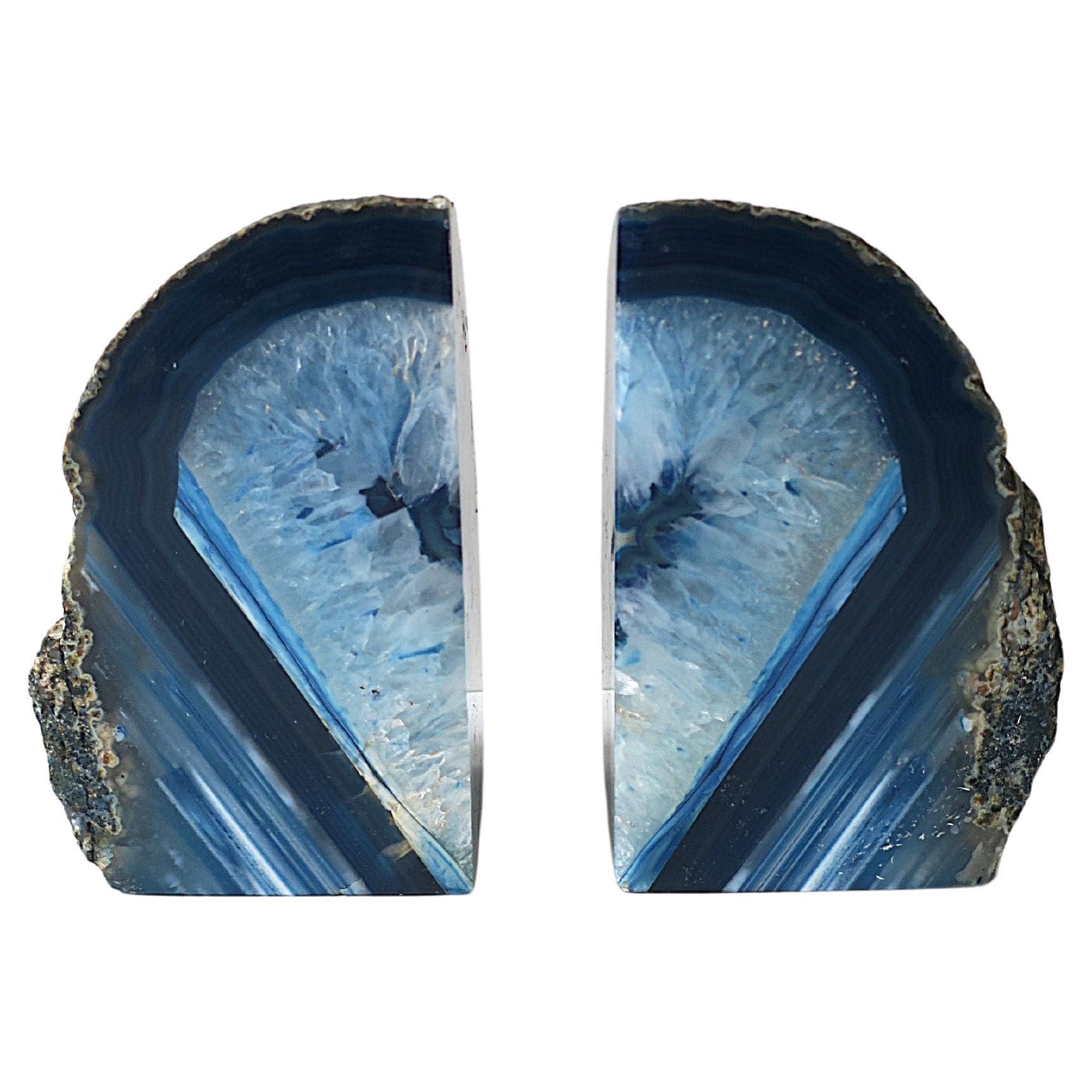Blue Agate Onyx Bookends or Decorative Objects, Pair