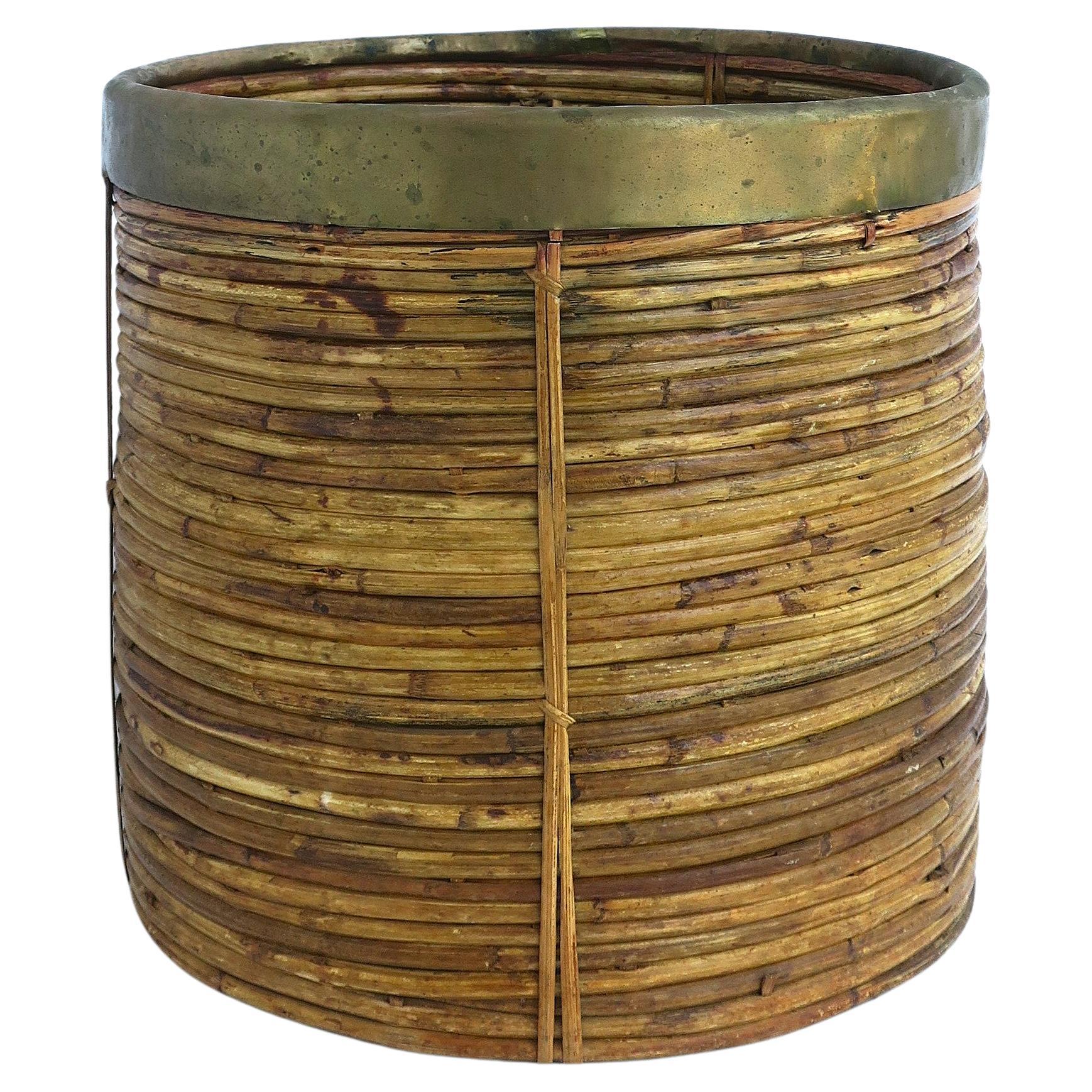 Wicker and Brass Cachepot or Wastebasket Crespi Style For Sale