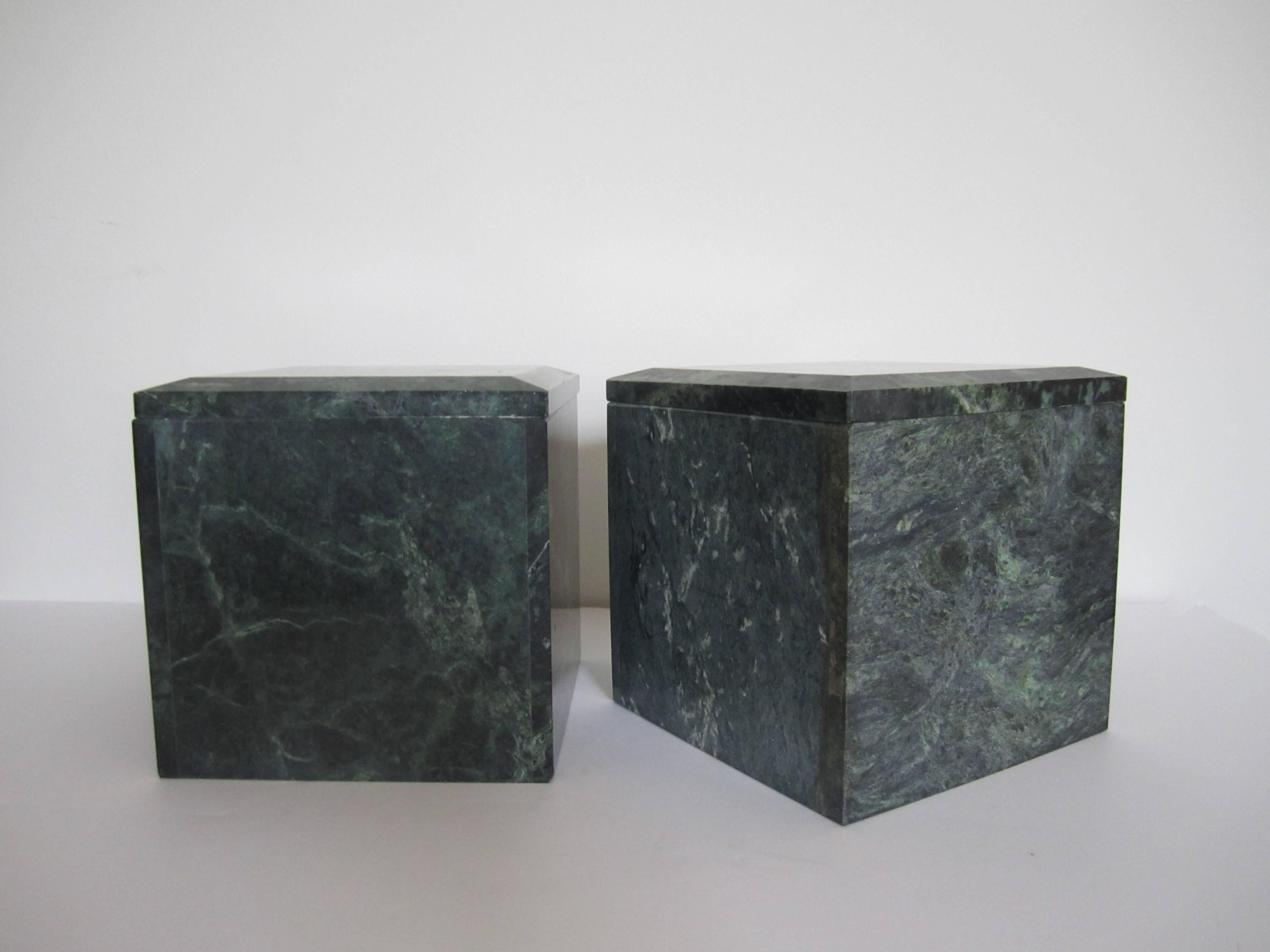 Italian Vintage Pair of Substantial Modern Marble Boxes in Hunter Green, 1970s