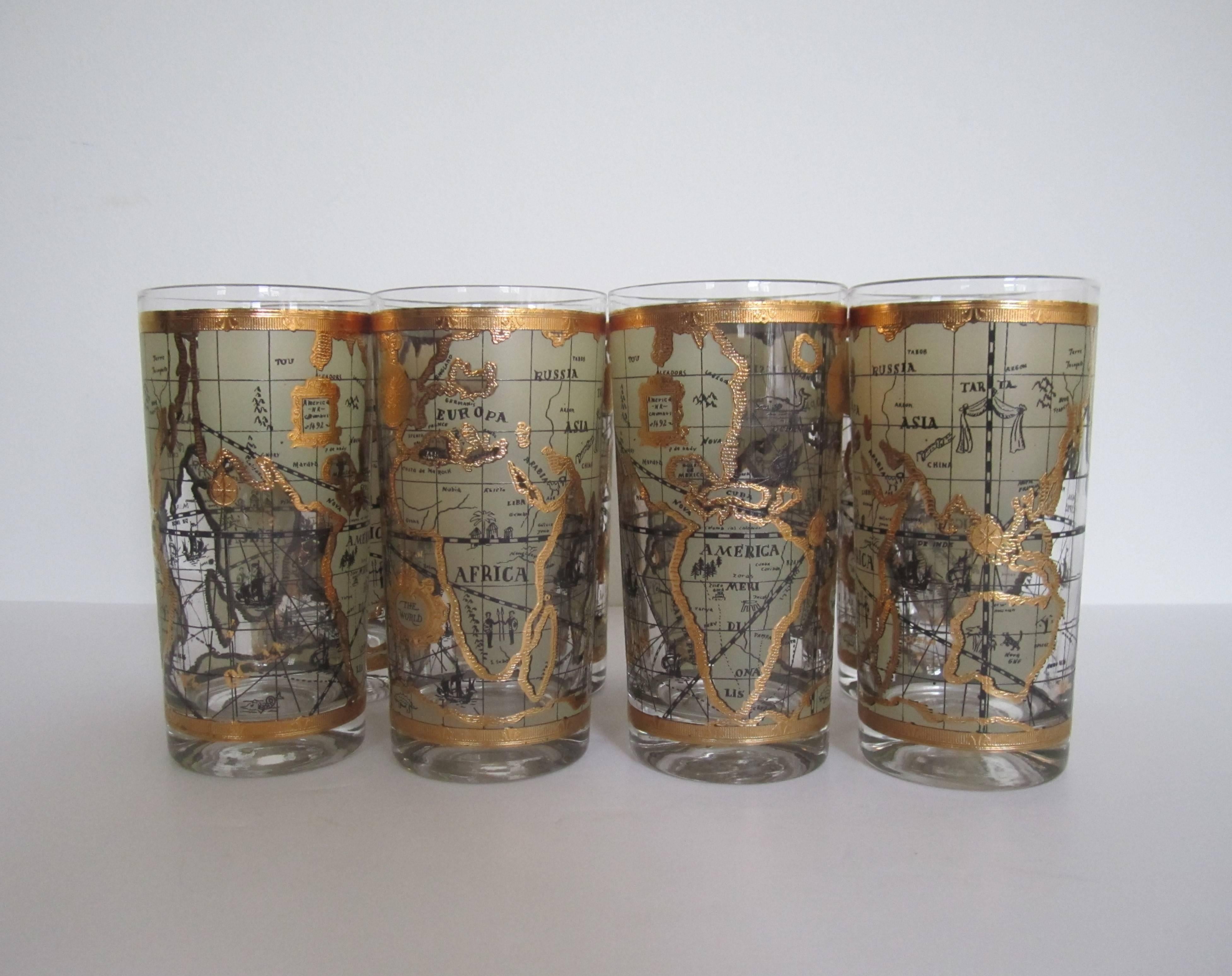 Set of 8 Available Here for $360 On Sale. 

A set of 8 Mid-Century world globe highball glasses, circa 1960s. Colors include gold, cream and black. 

Set available here online. By request, item can be made available by appointment to the Trade in