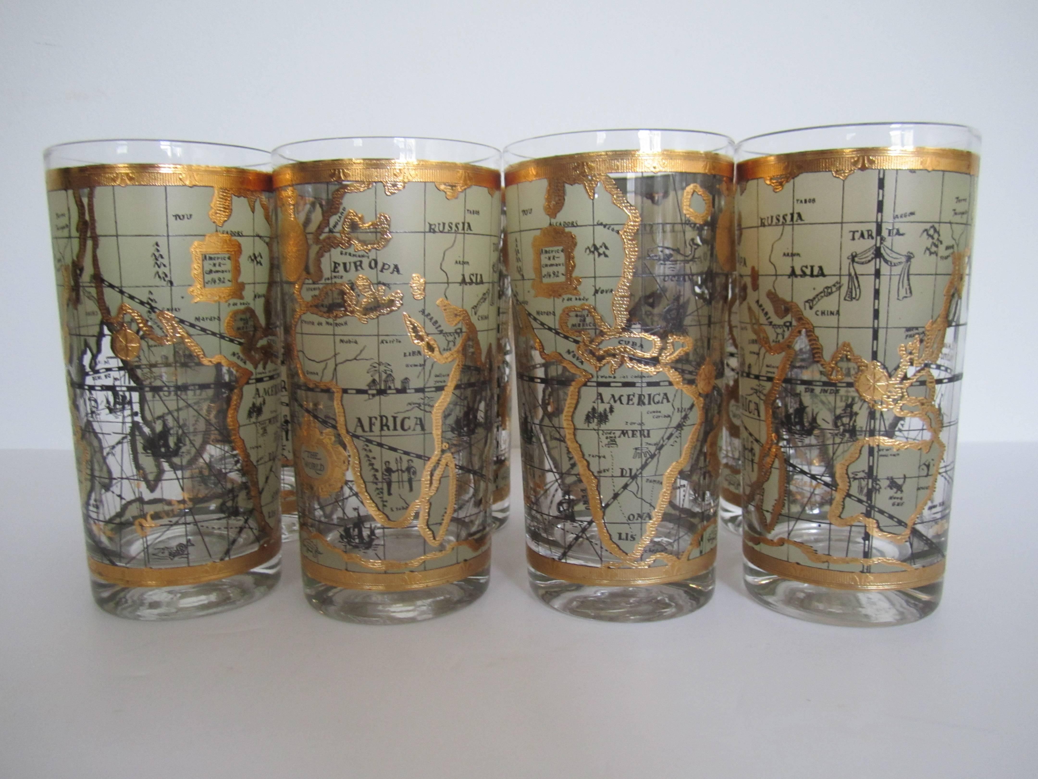 American Set of 8 Mid-Century World Globe Highball Glasses, 1960s