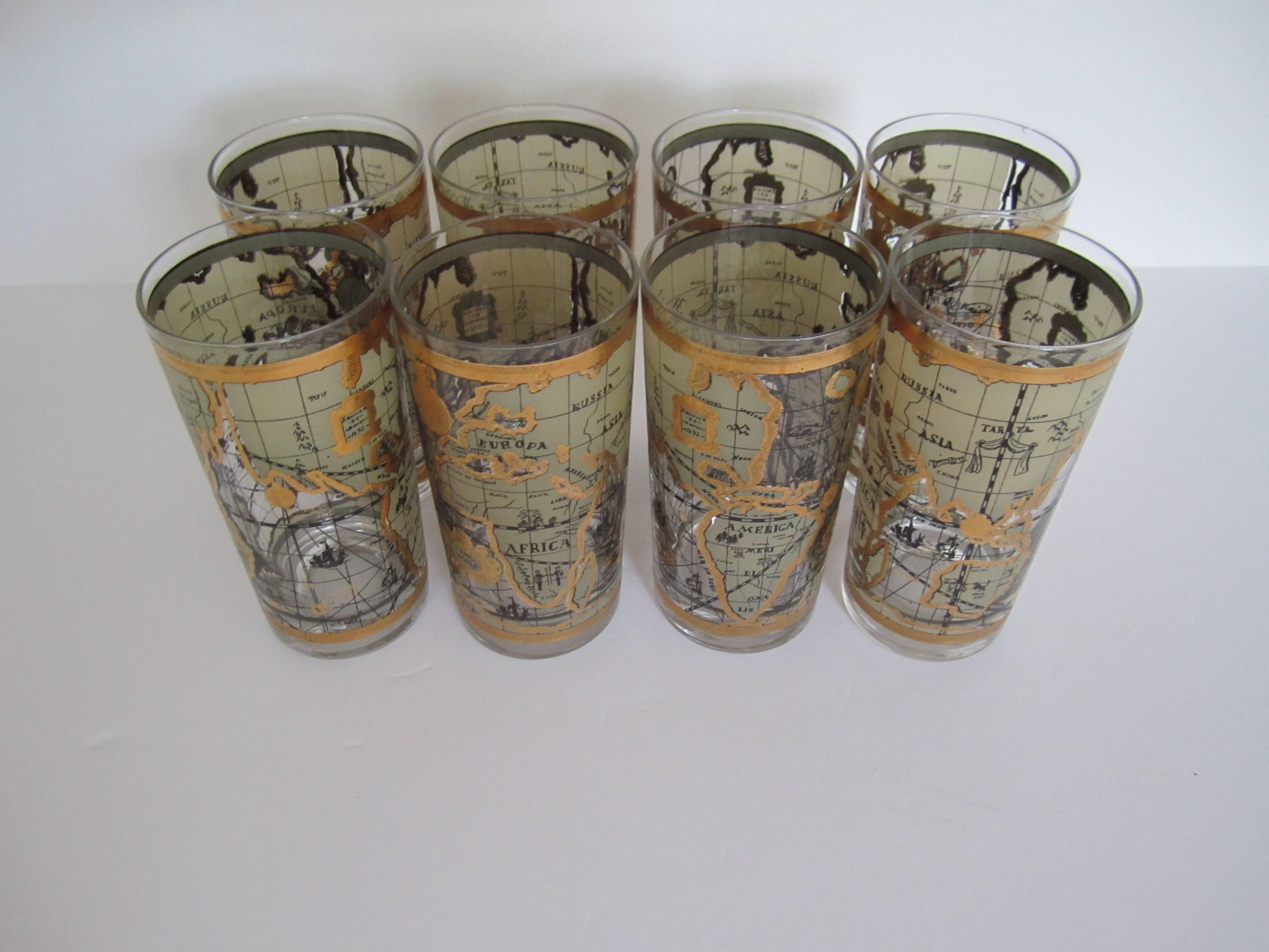 Set of 8 Mid-Century World Globe Highball Glasses, 1960s In Excellent Condition In New York, NY
