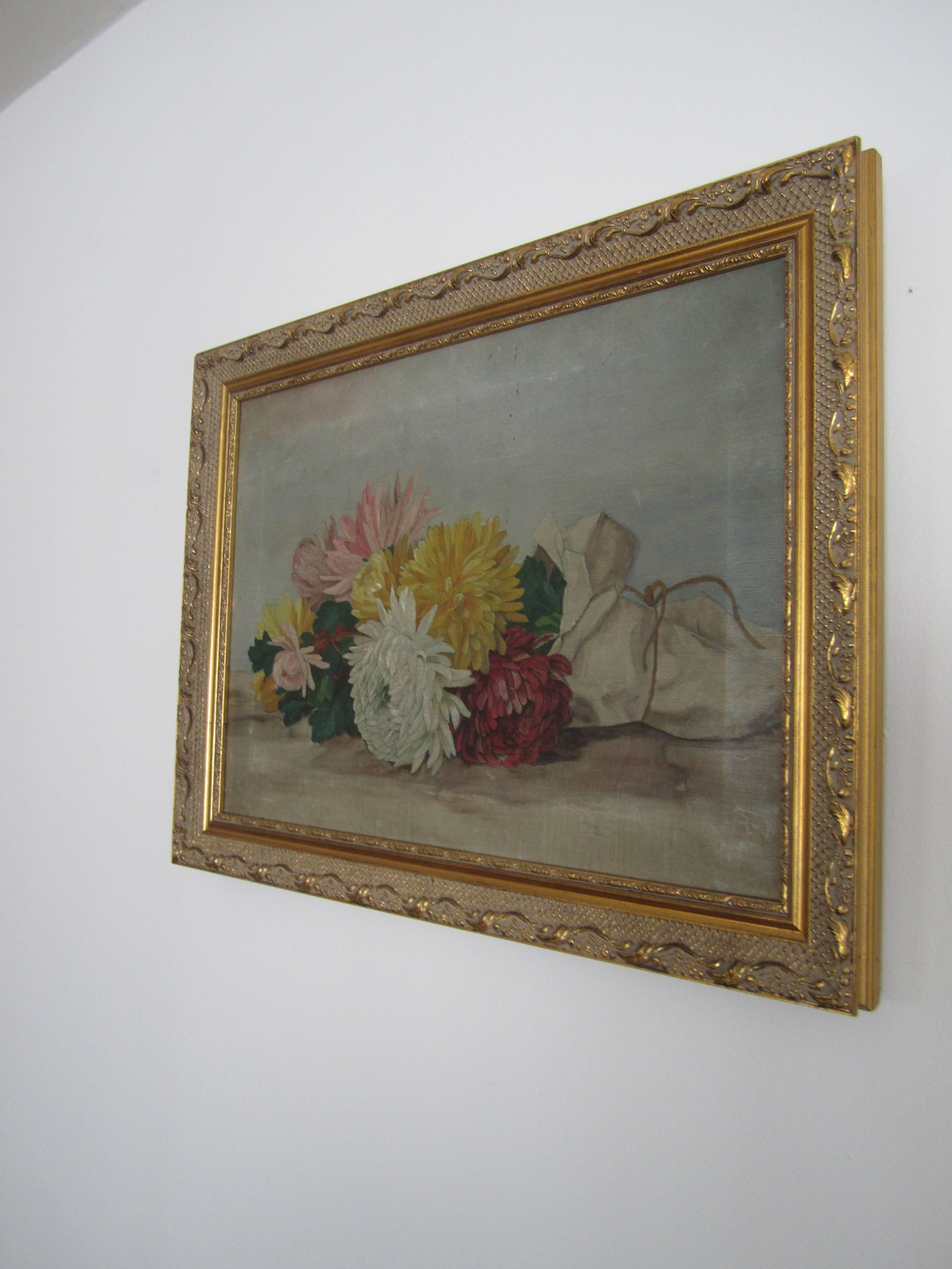 Doré Nature morte colorée - Peinture florale en vente