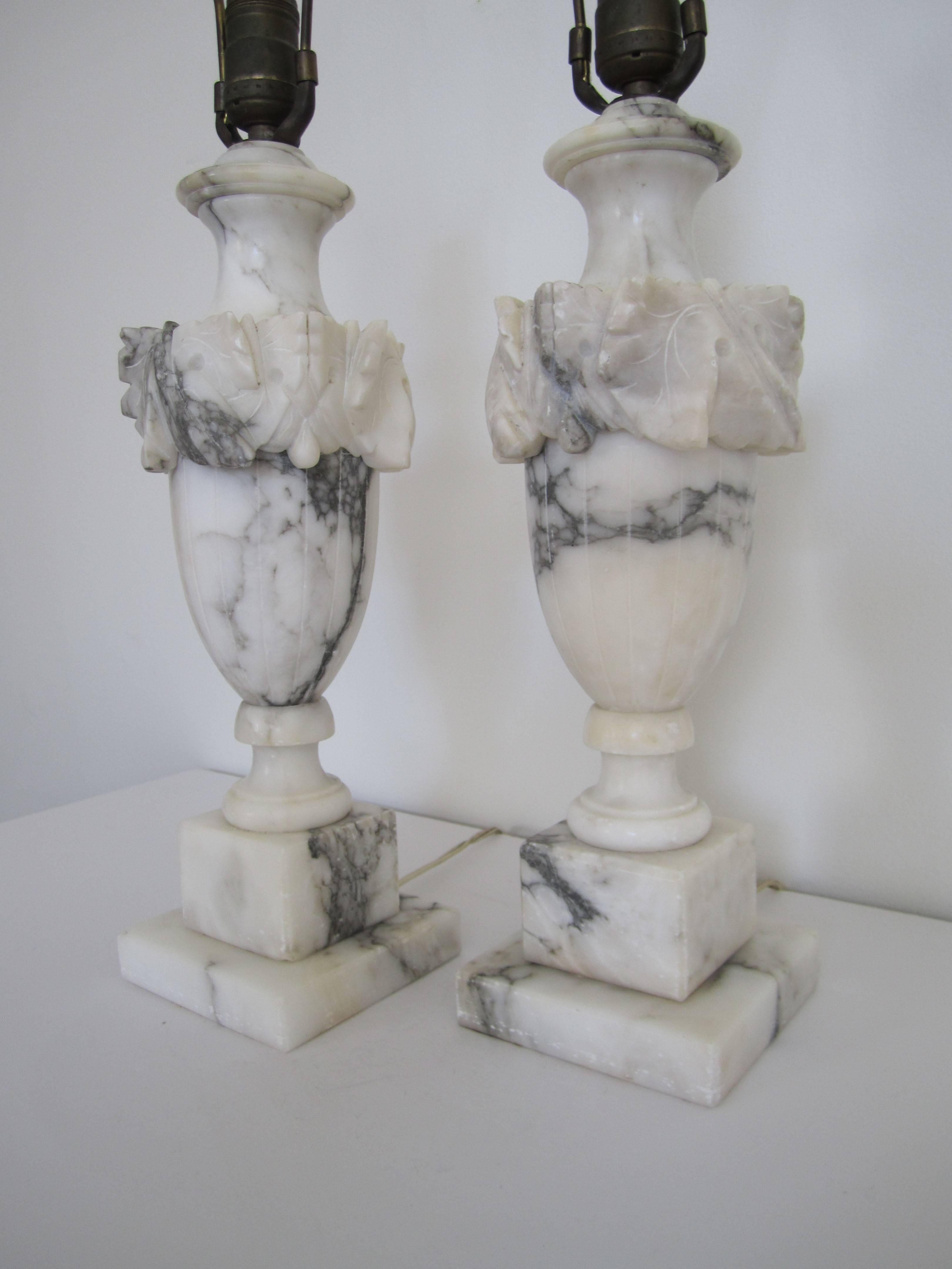 Carved Italian Neoclassical Solid Black and White Marble Urn Table Lamps