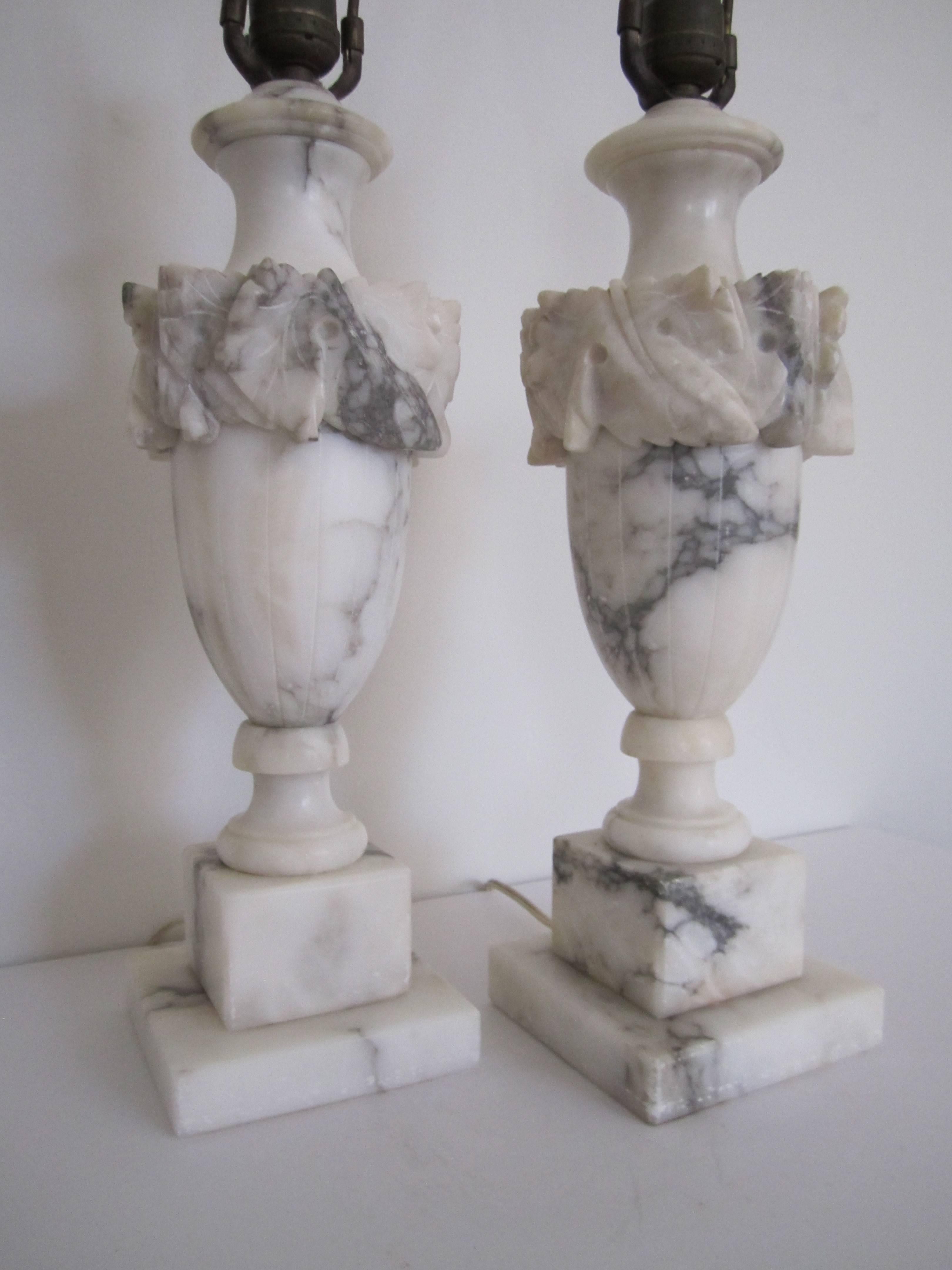 Carrara Marble Italian Neoclassical Solid Black and White Marble Urn Table Lamps
