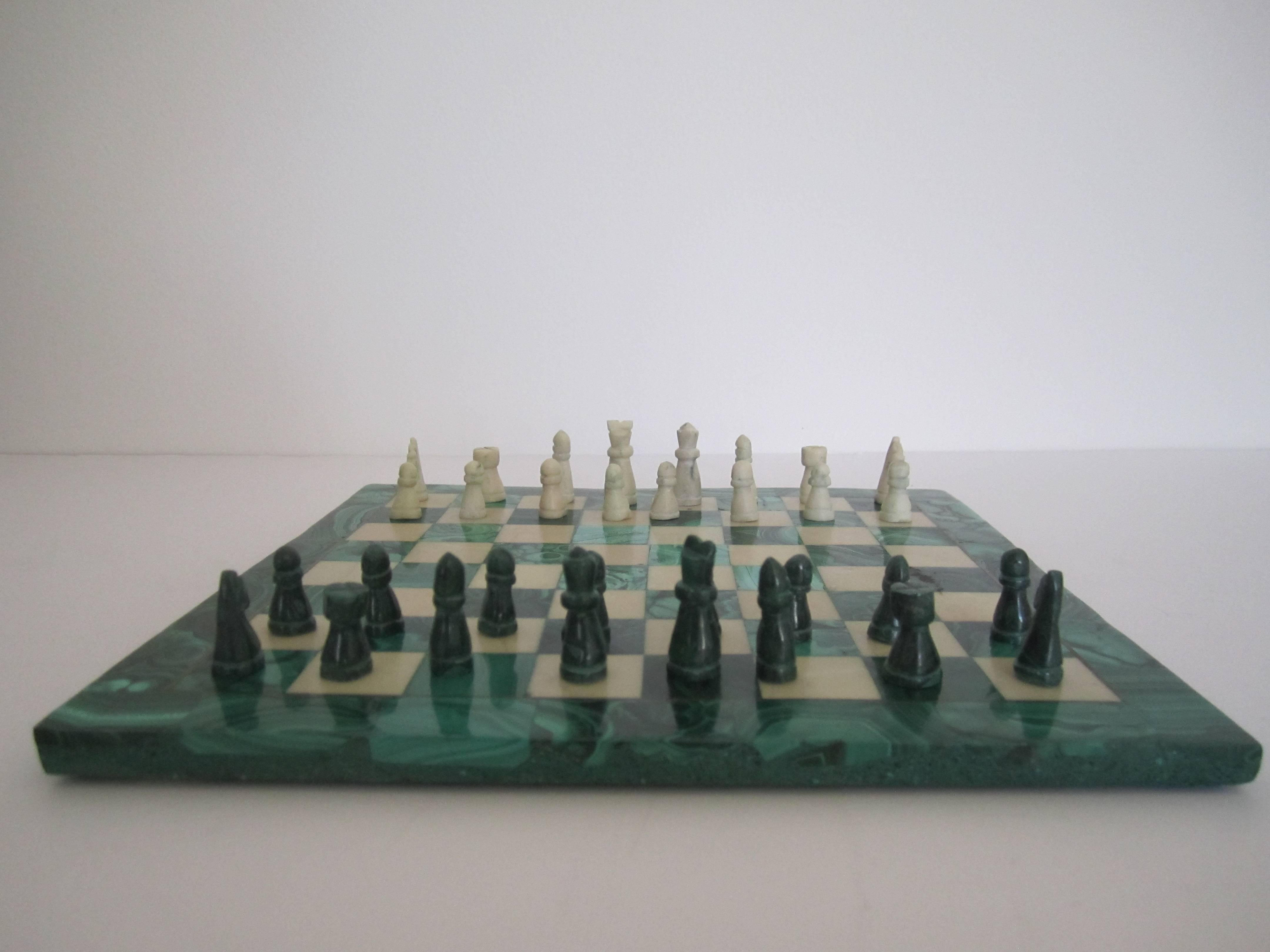 European Vintage Green Malachite asnd Marble Chess Set