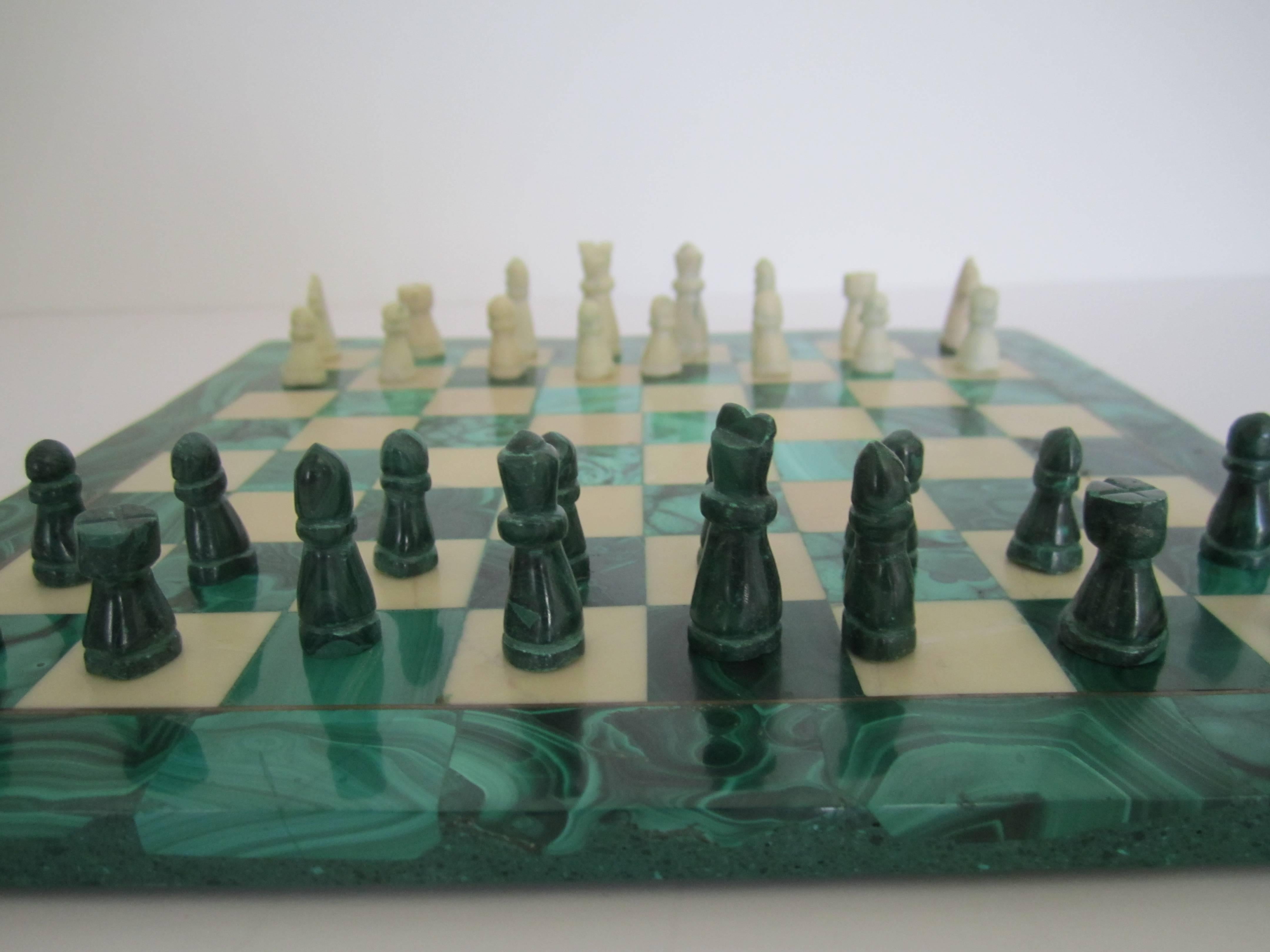 Vintage Green Malachite asnd Marble Chess Set In Good Condition In New York, NY