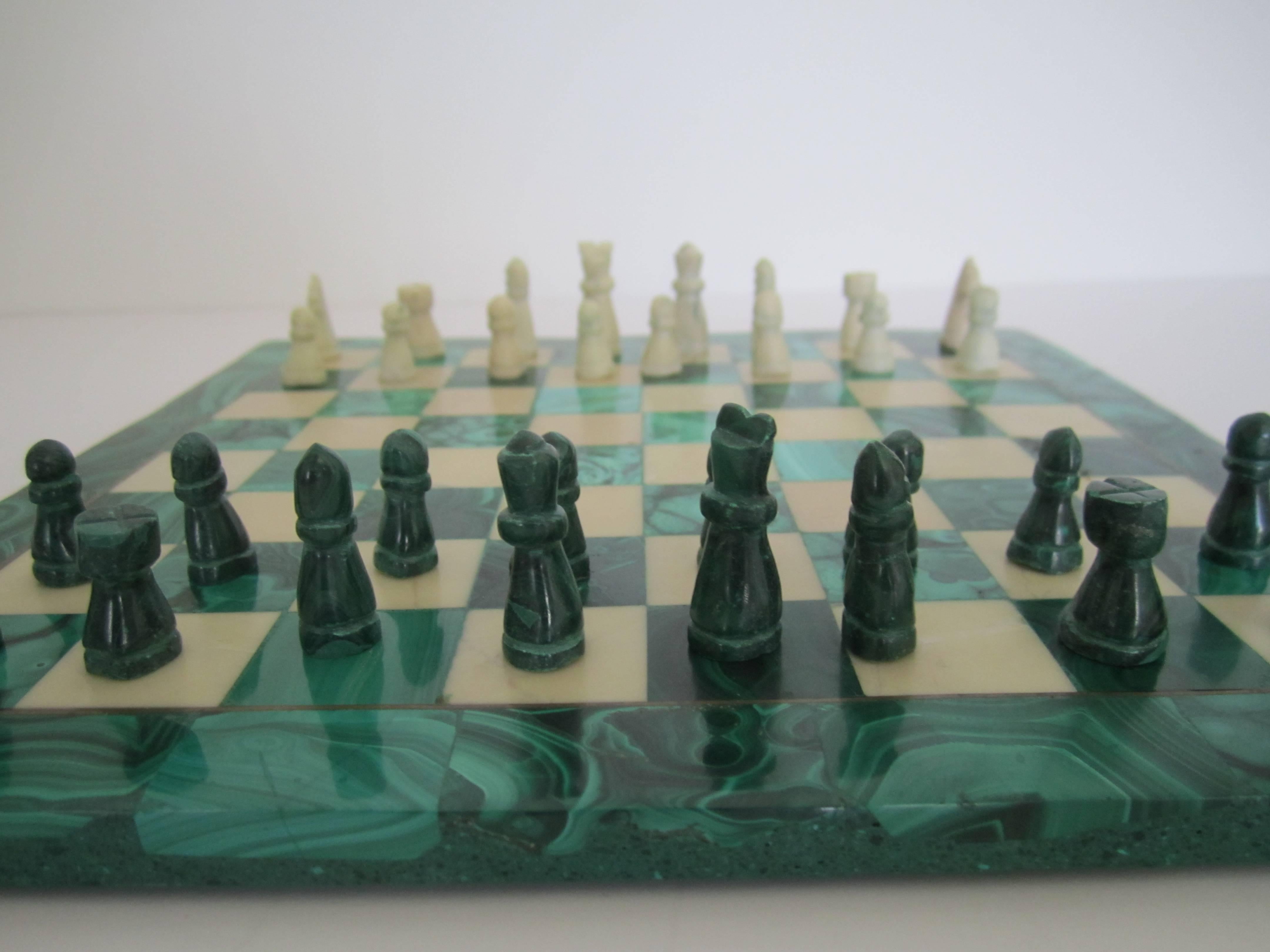 Vintage Green Malachite asnd Marble Chess Set In Good Condition In New York, NY