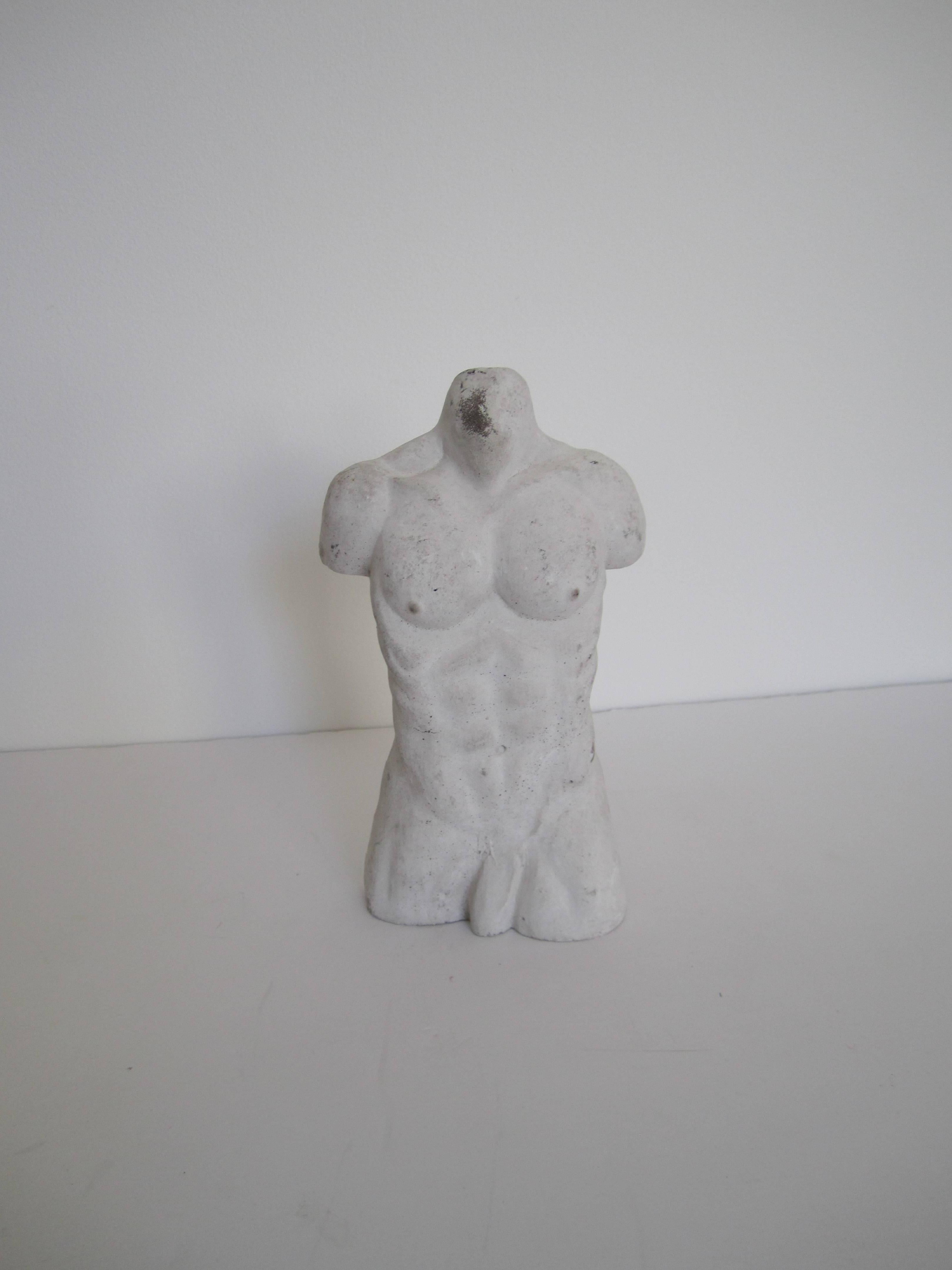 A decorative male torso sculpture piece. Sculpture is metal with a white plaster overlay. 

Measures: 8