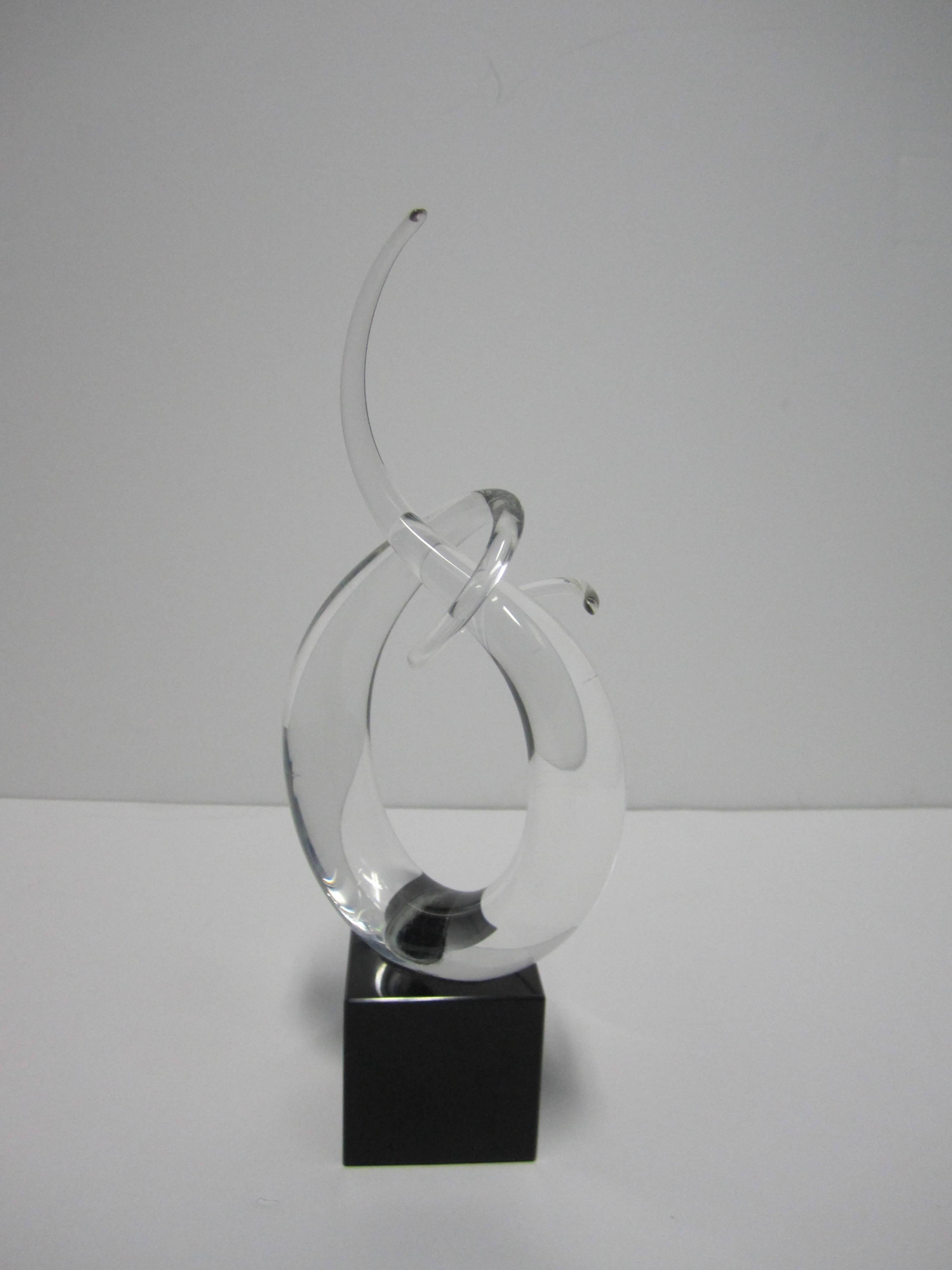 Italian Signed Modern Abstract Clear Murano Art Glass Sculpture on Black Marble Base