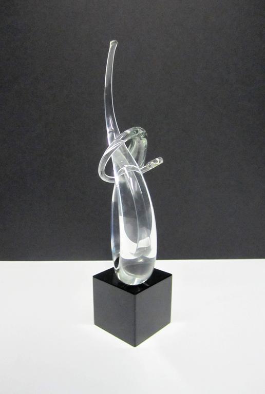 Signed Modern Abstract Clear Art Glass Sculpture on Black Marble Base