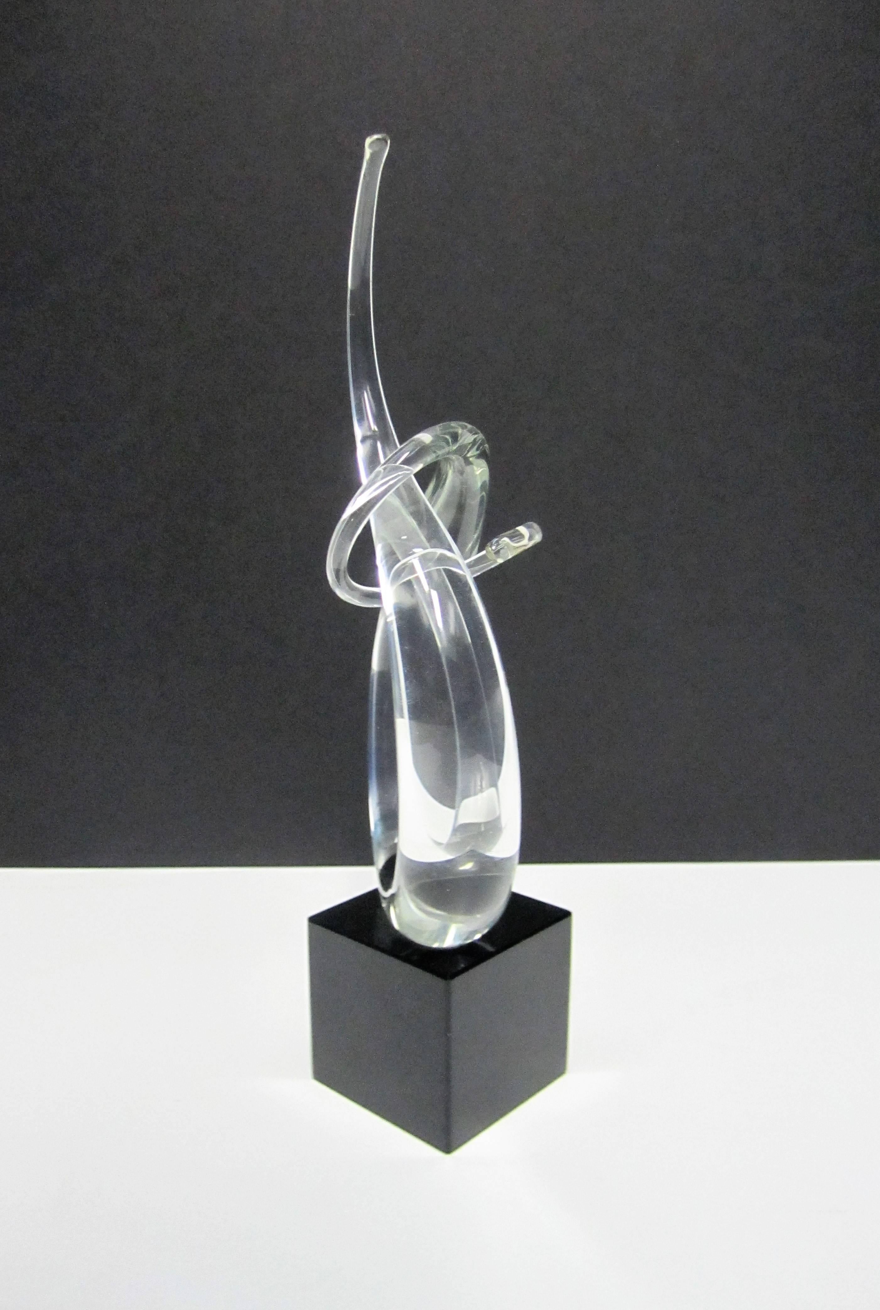 20th Century Signed Modern Abstract Clear Murano Art Glass Sculpture on Black Marble Base