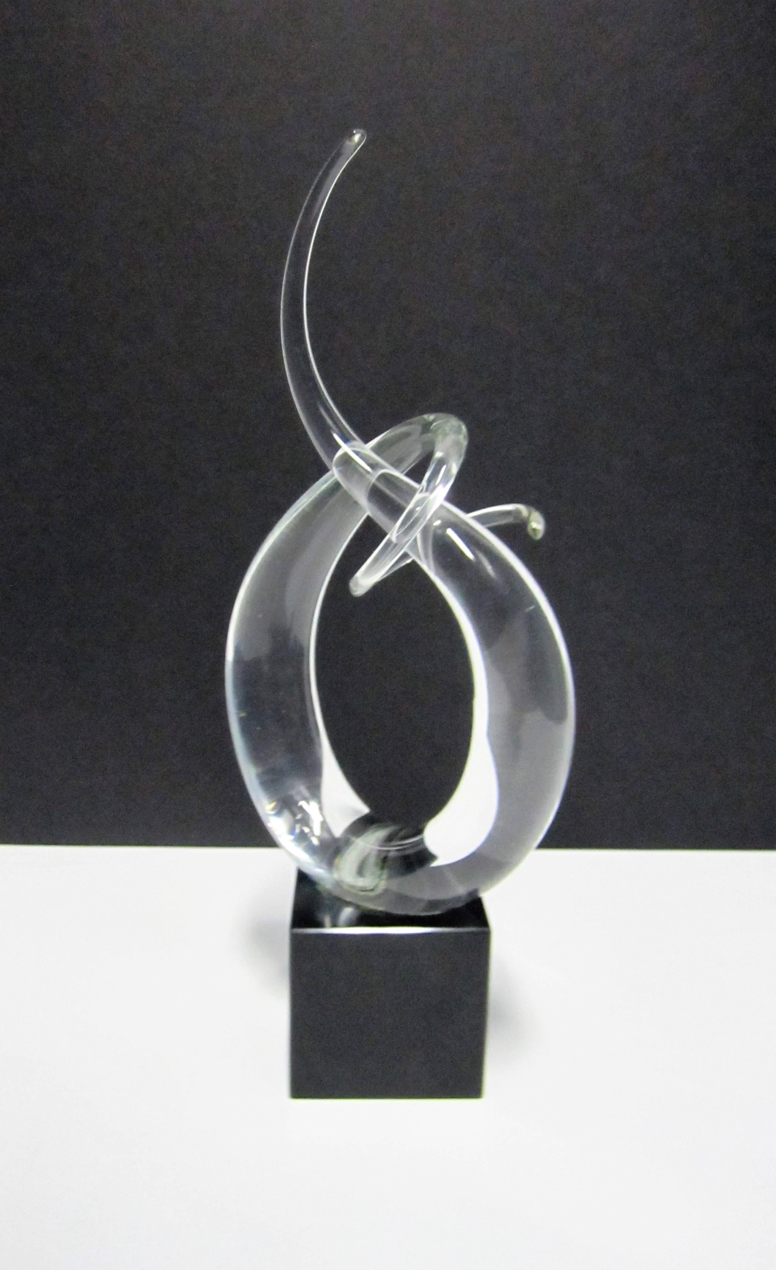 Blown Glass Signed Modern Abstract Clear Murano Art Glass Sculpture on Black Marble Base