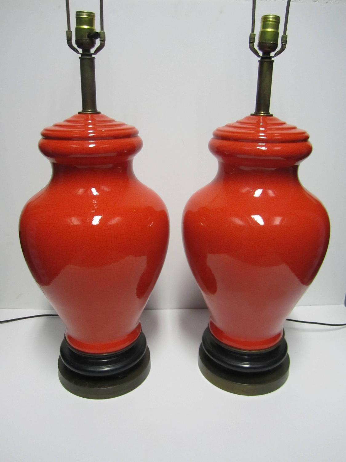 Substantial Pair of Vintage Ceramic Red Crackle Ginger Jar Lamps, 1970s