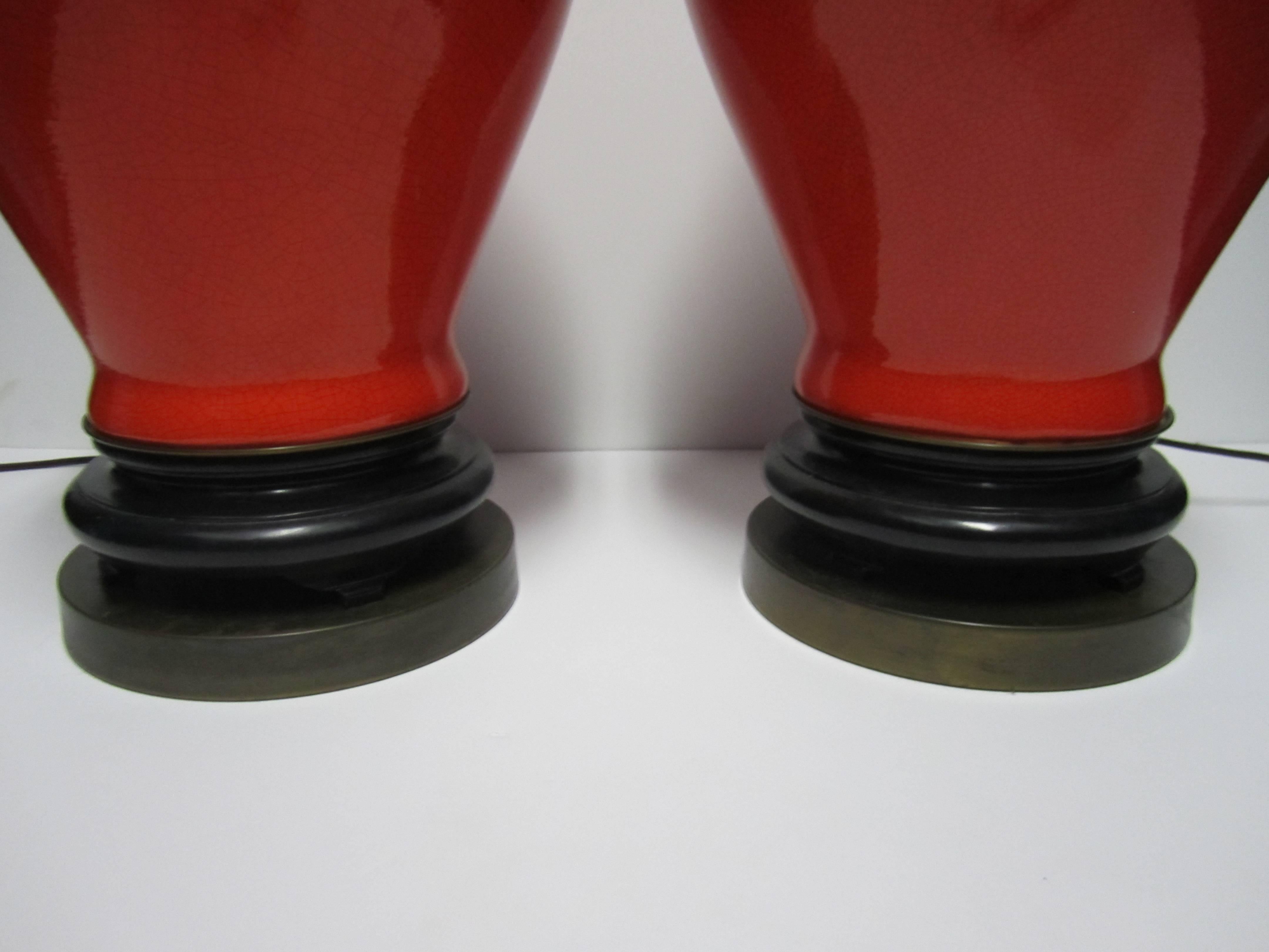 Red Ginger Jar Ceramic Table Lamps, Pair 3