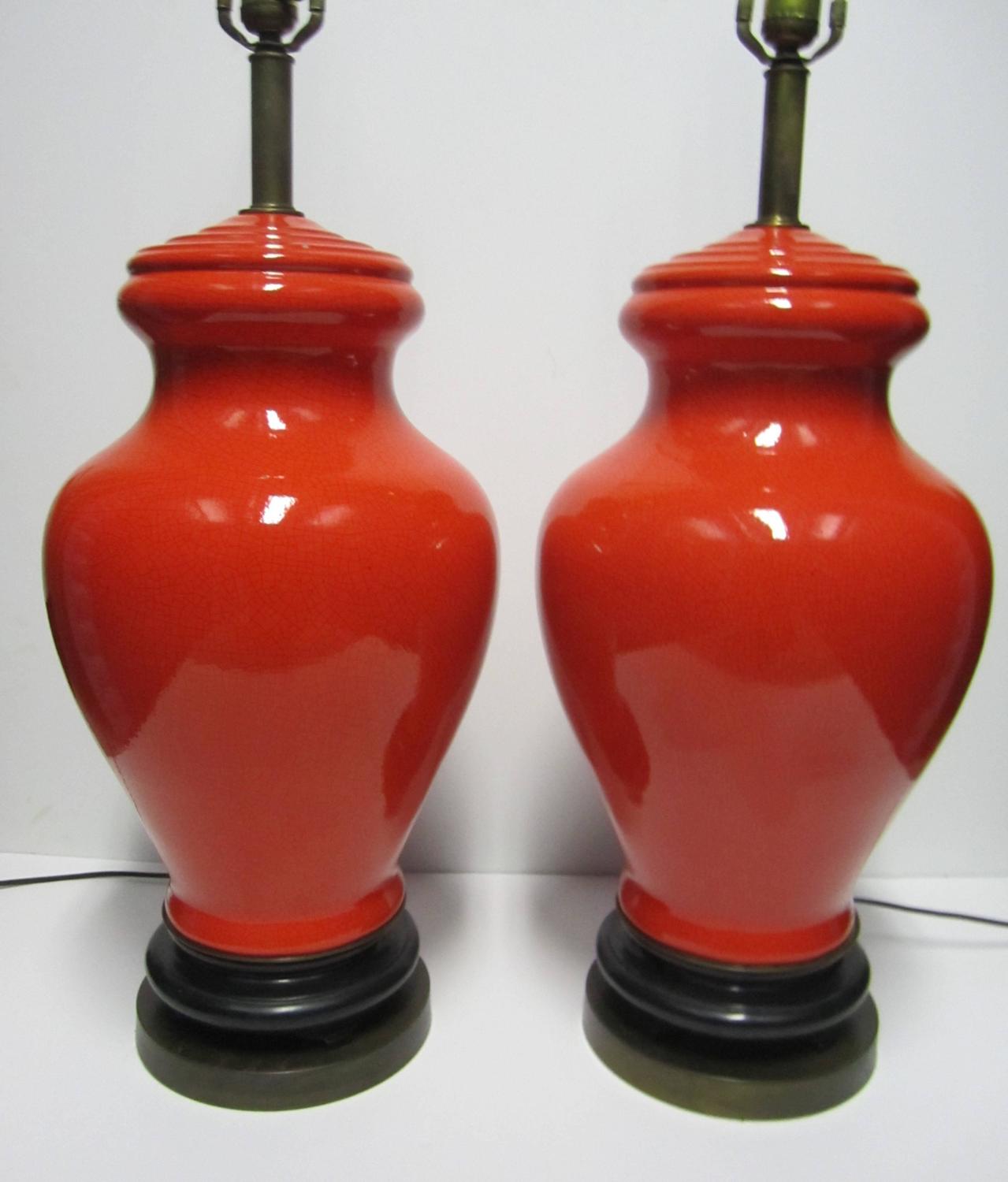 Substantial Pair of Vintage Ceramic Red Crackle Ginger Jar Lamps, 1970s