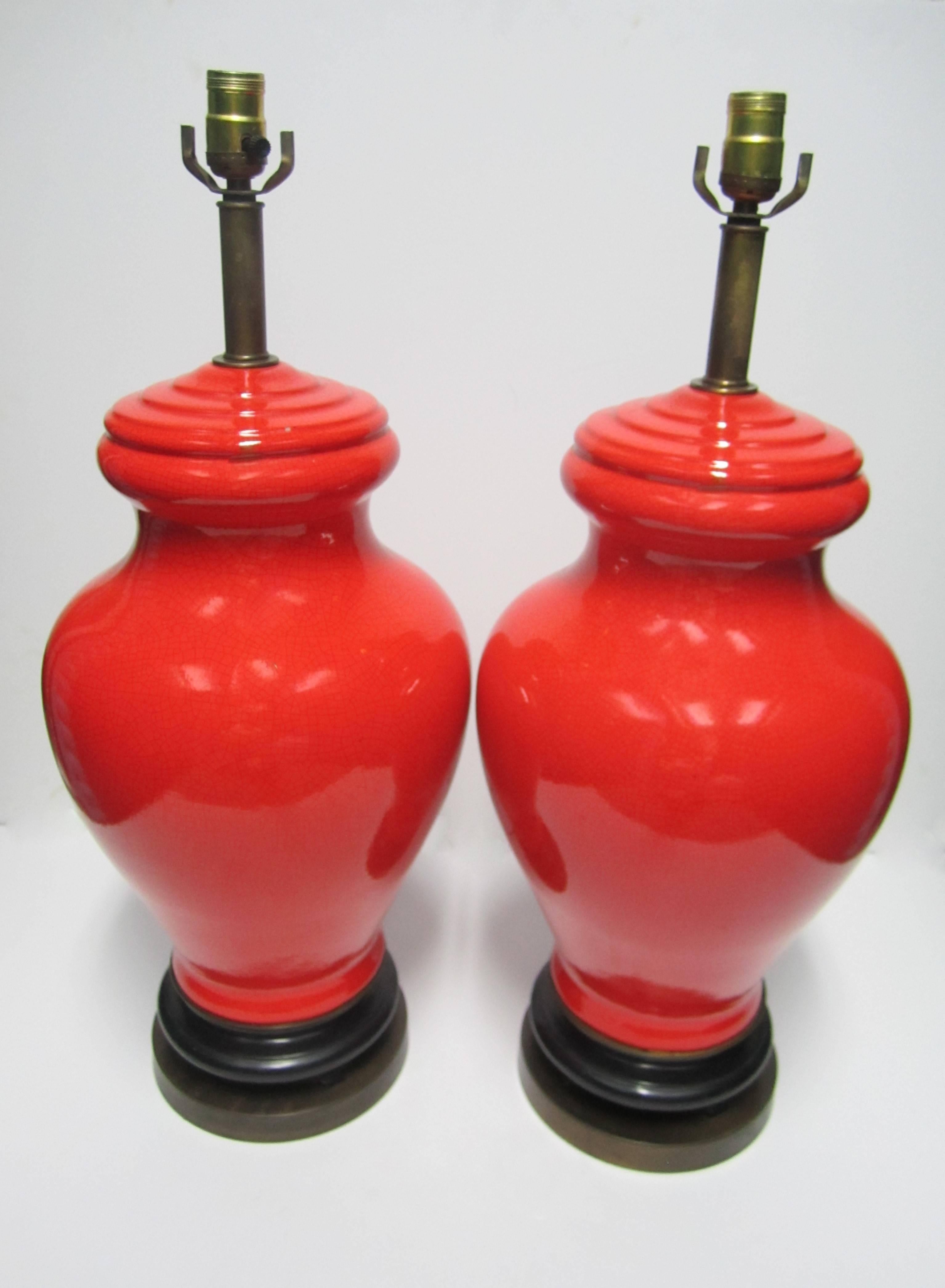 Unknown Red Ginger Jar Ceramic Table Lamps, Pair