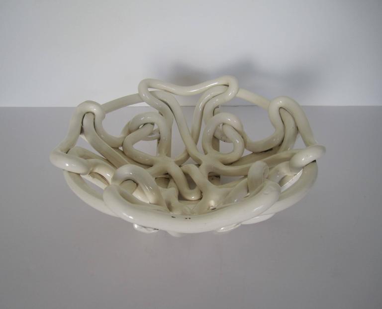 White Woven Pottery Ceramic Centerpiece Bowl For Sale at 1stdibs