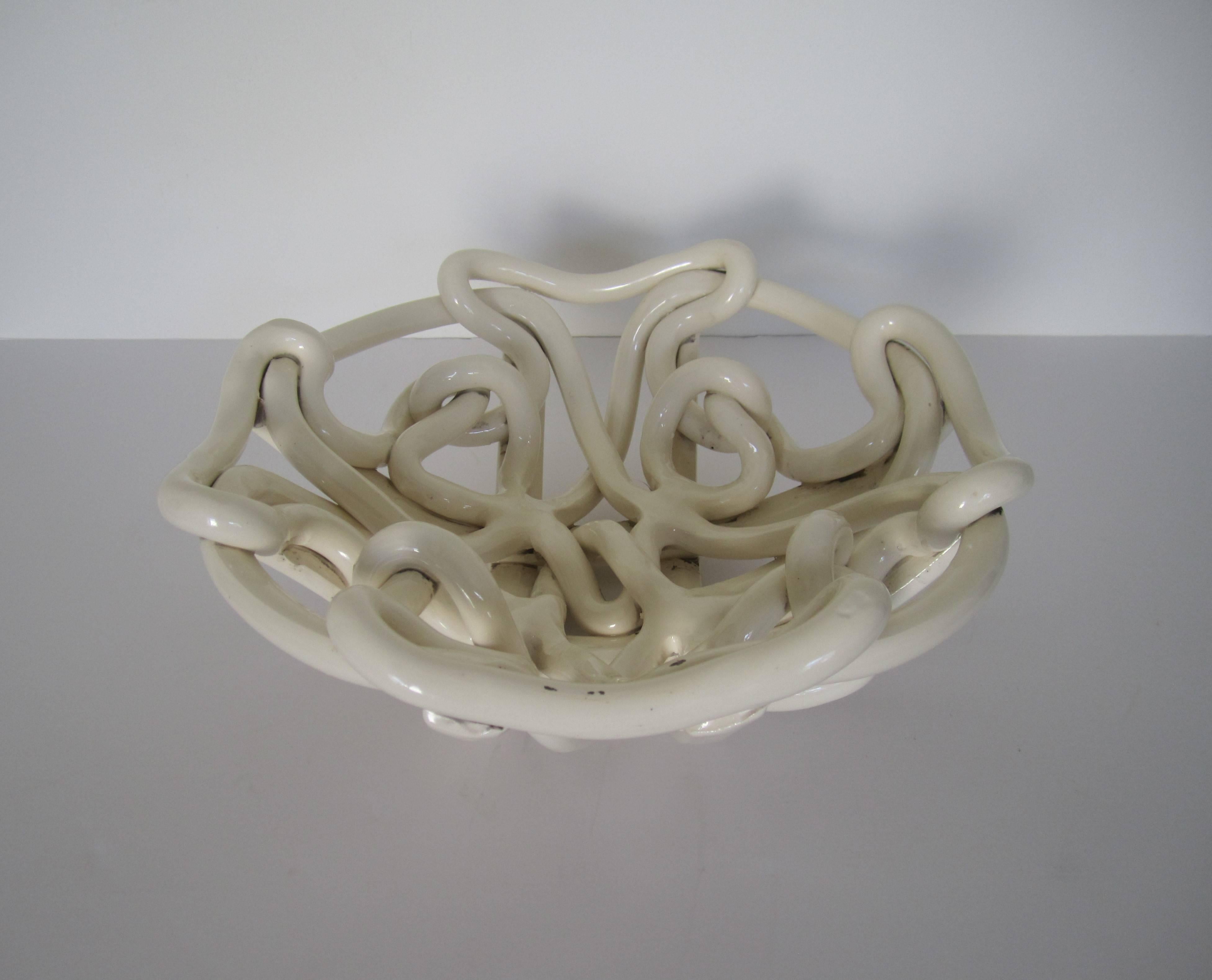 Glazed White Woven Wicker Pottery Centerpiece Bowl  For Sale