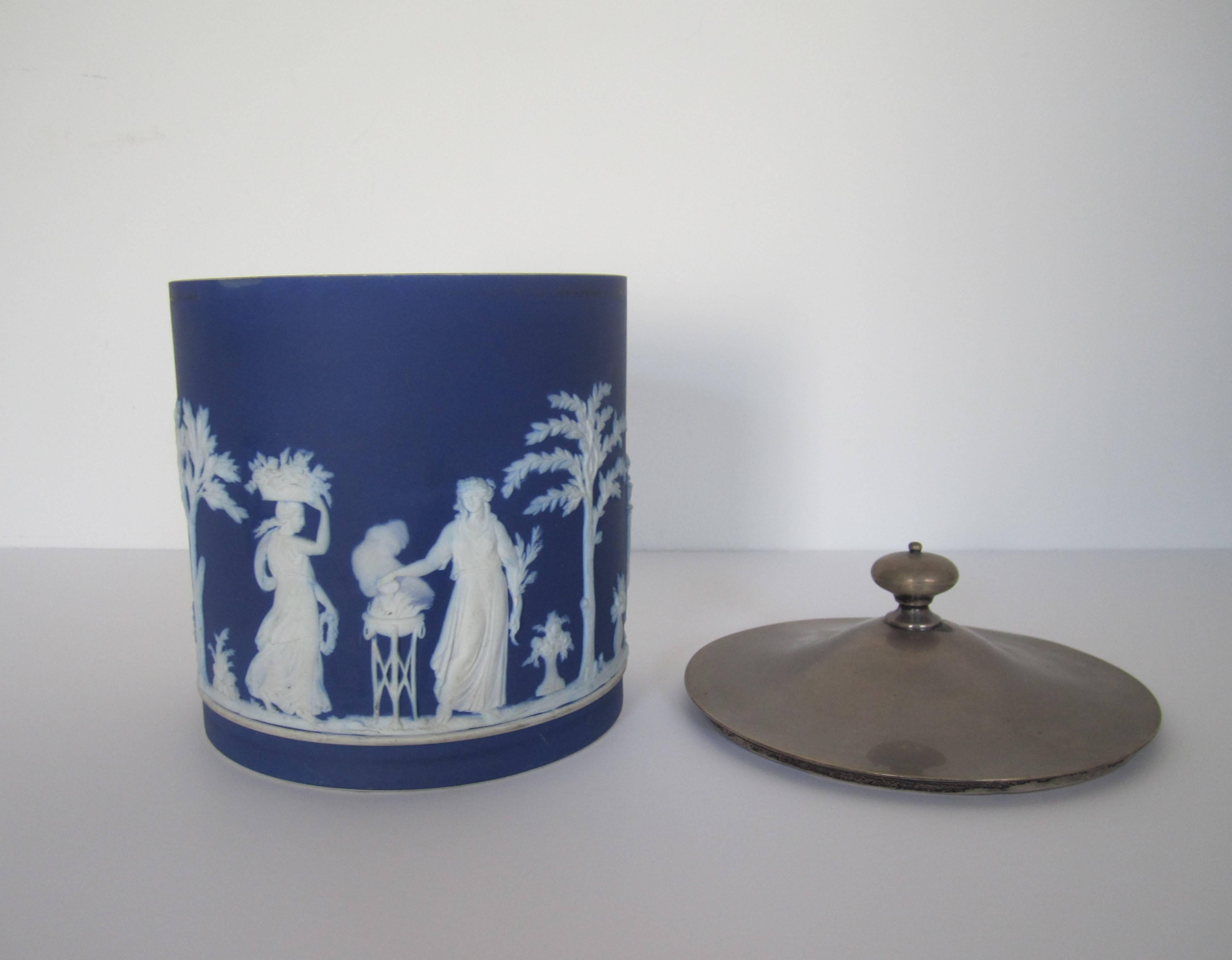 Neoclassical Antique Wedgwood Jasperware Blue, White and Sterling Silver Vessel, England