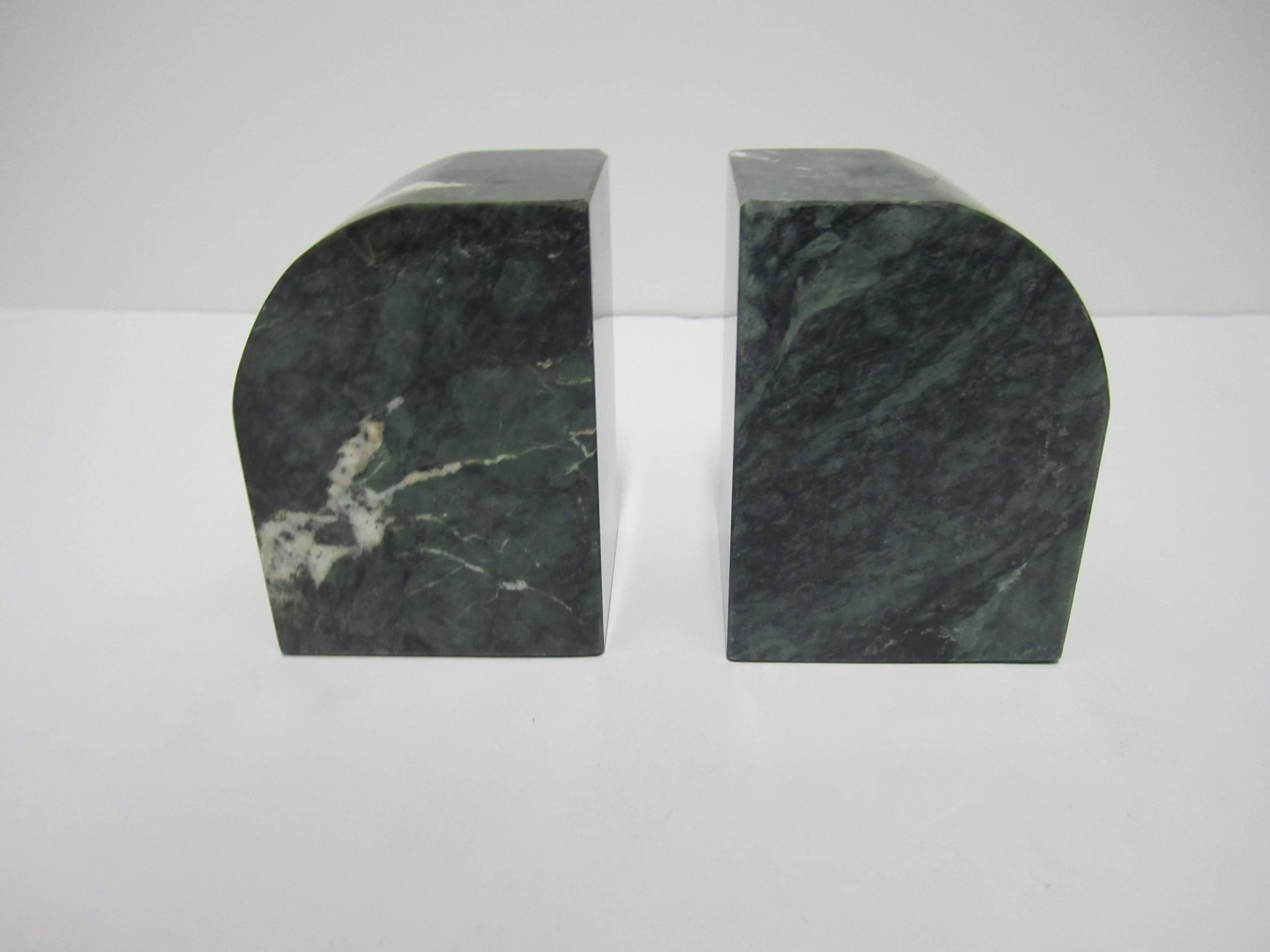 Polished Italian '70s Modern Green and White Marble Bookends