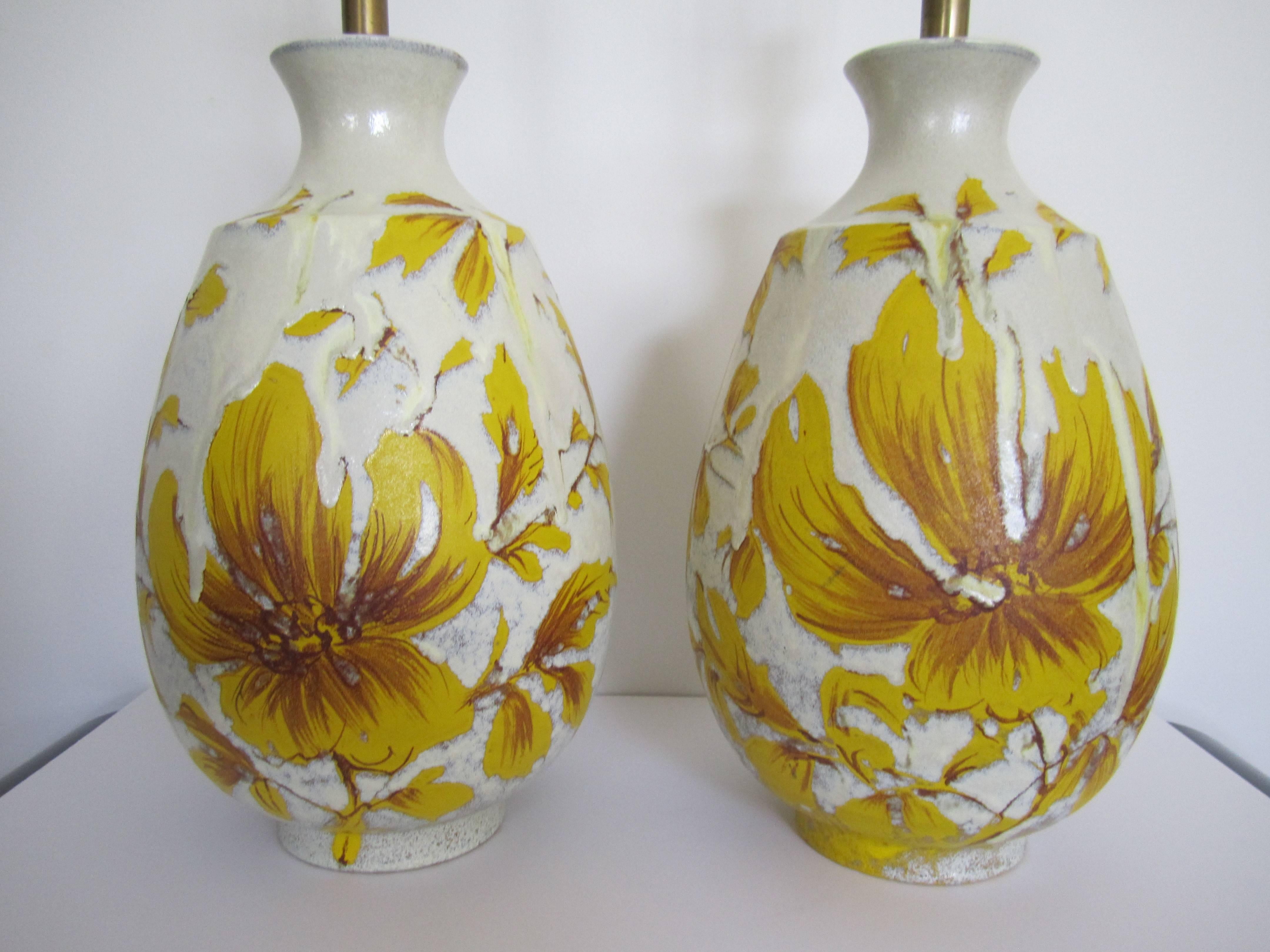 Mid-20th Century Yellow and White Terracotta Pottery Table Lamps with Flowers, Pair, 1960s