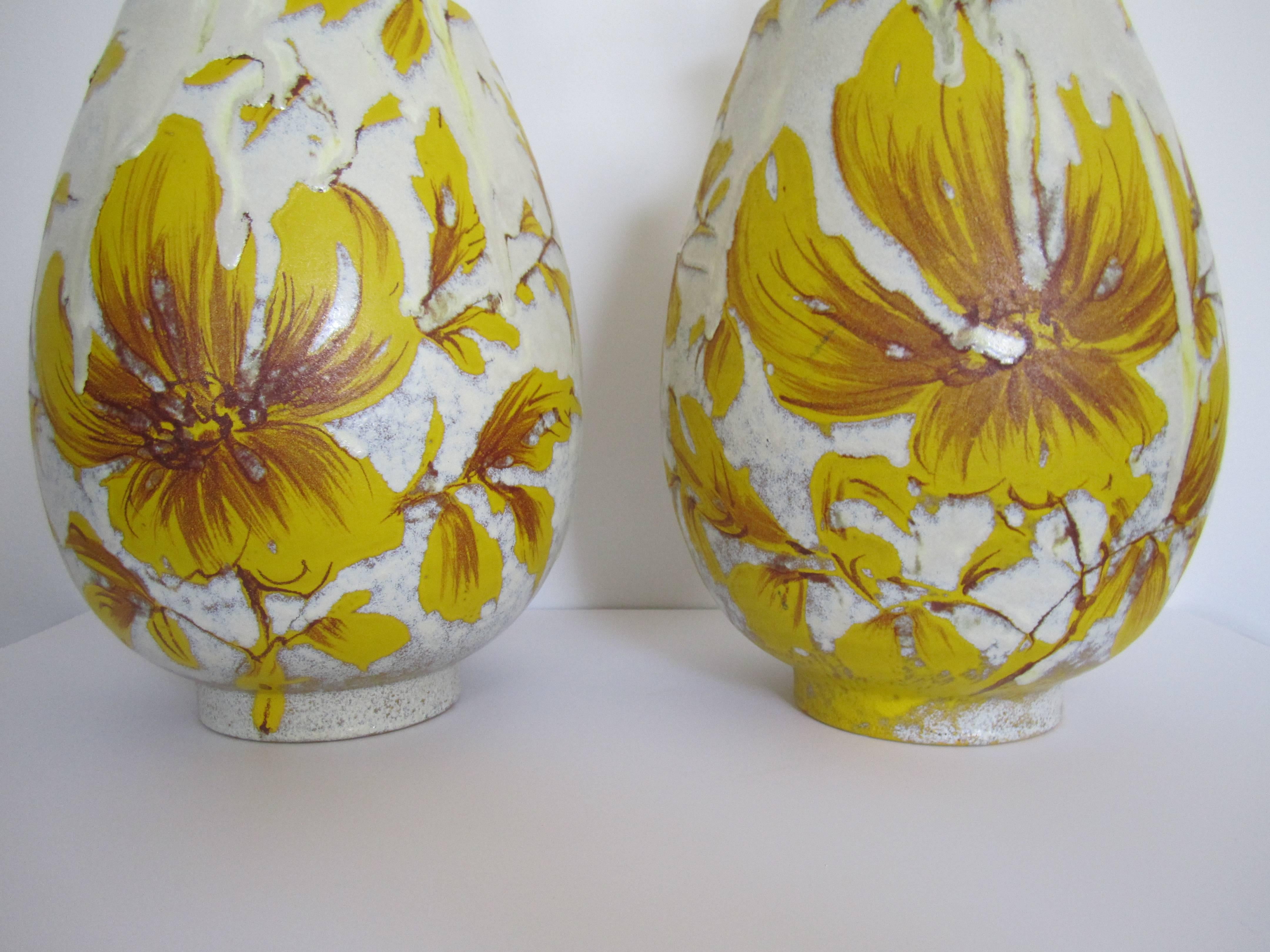 Yellow and White Terracotta Pottery Table Lamps with Flowers, Pair, 1960s 1