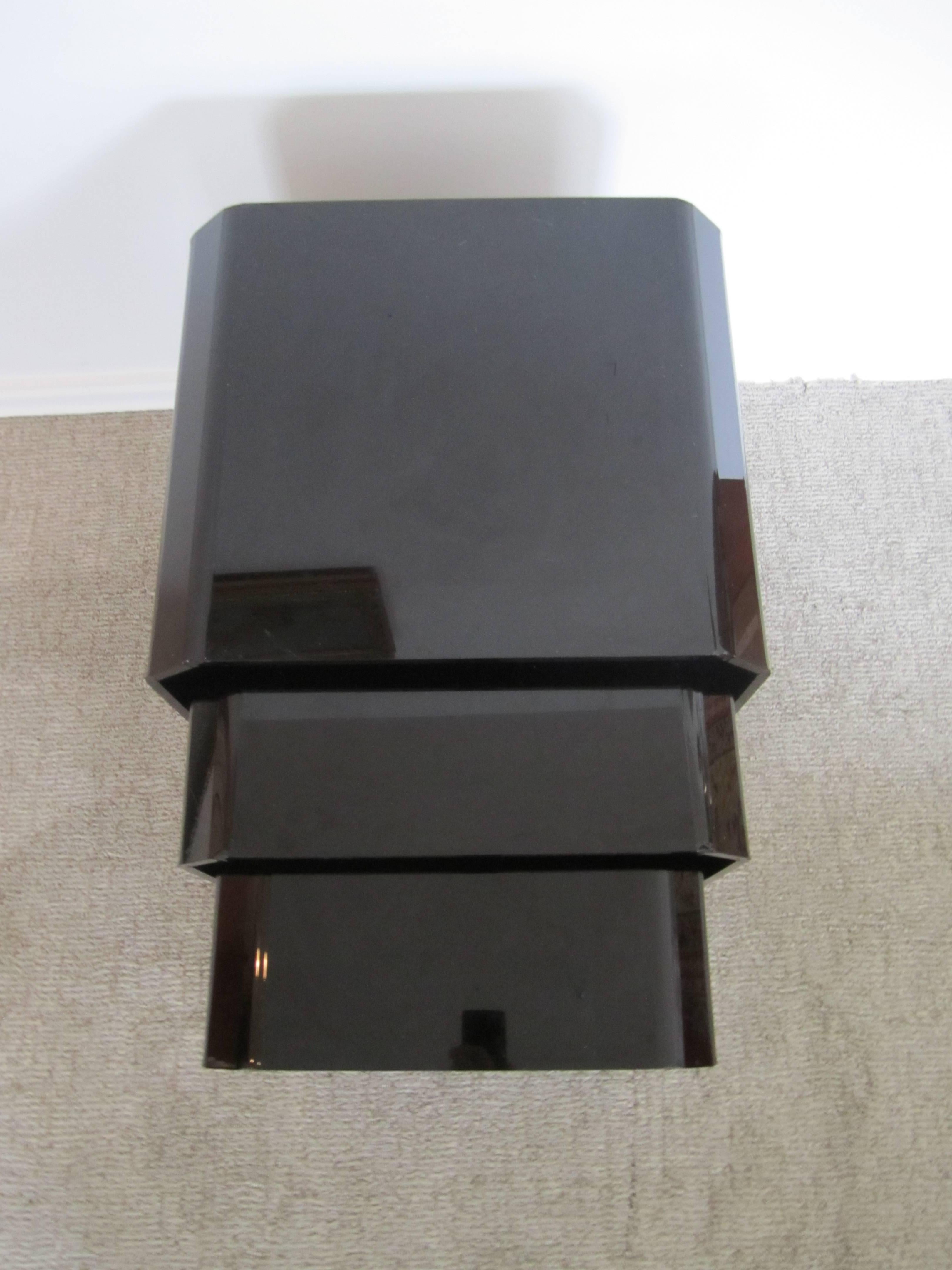 Modern Black Lucite Style Nesting Tables with Tapered Corners In Excellent Condition In New York, NY