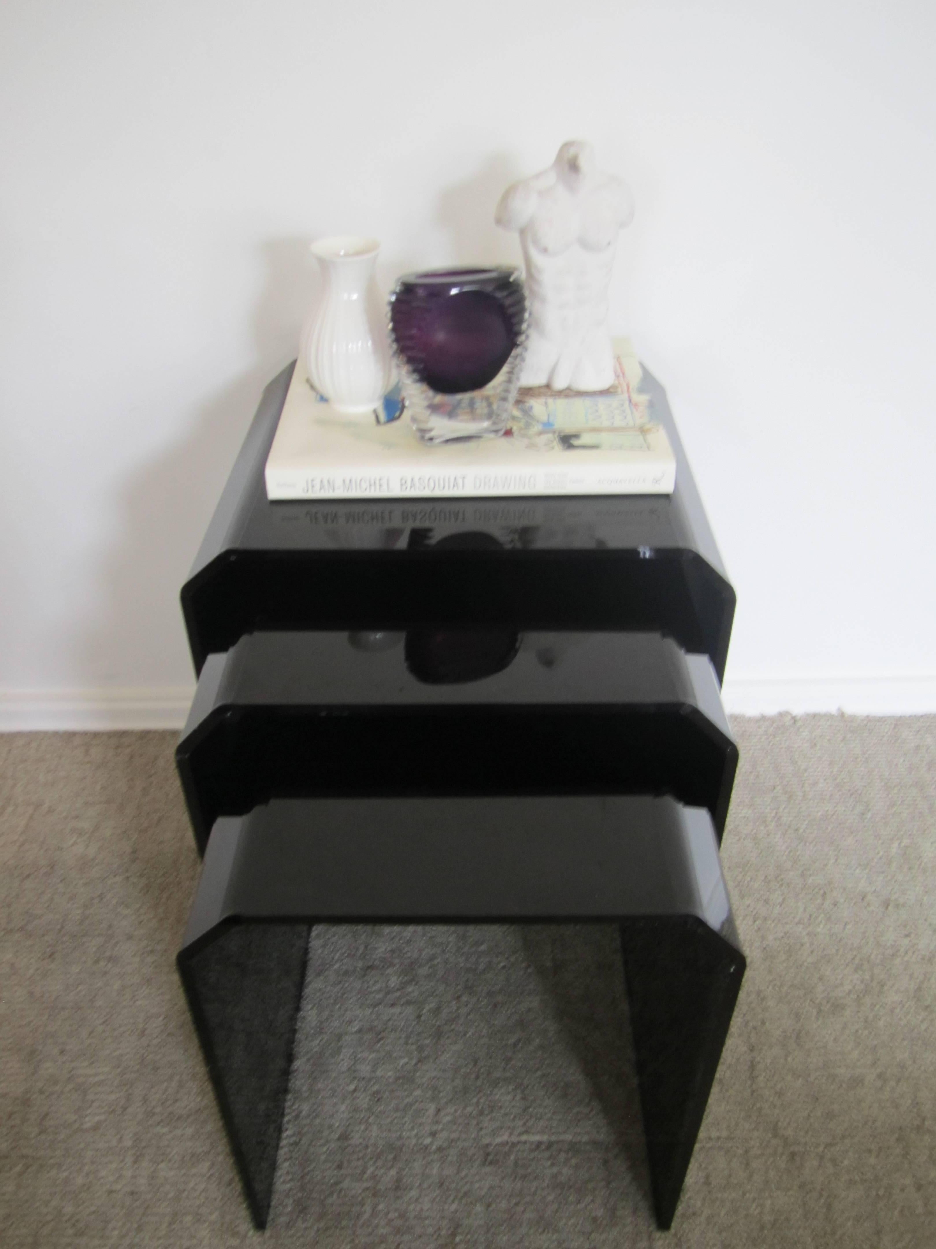 Modern Black Lucite Style Nesting Tables with Tapered Corners 5