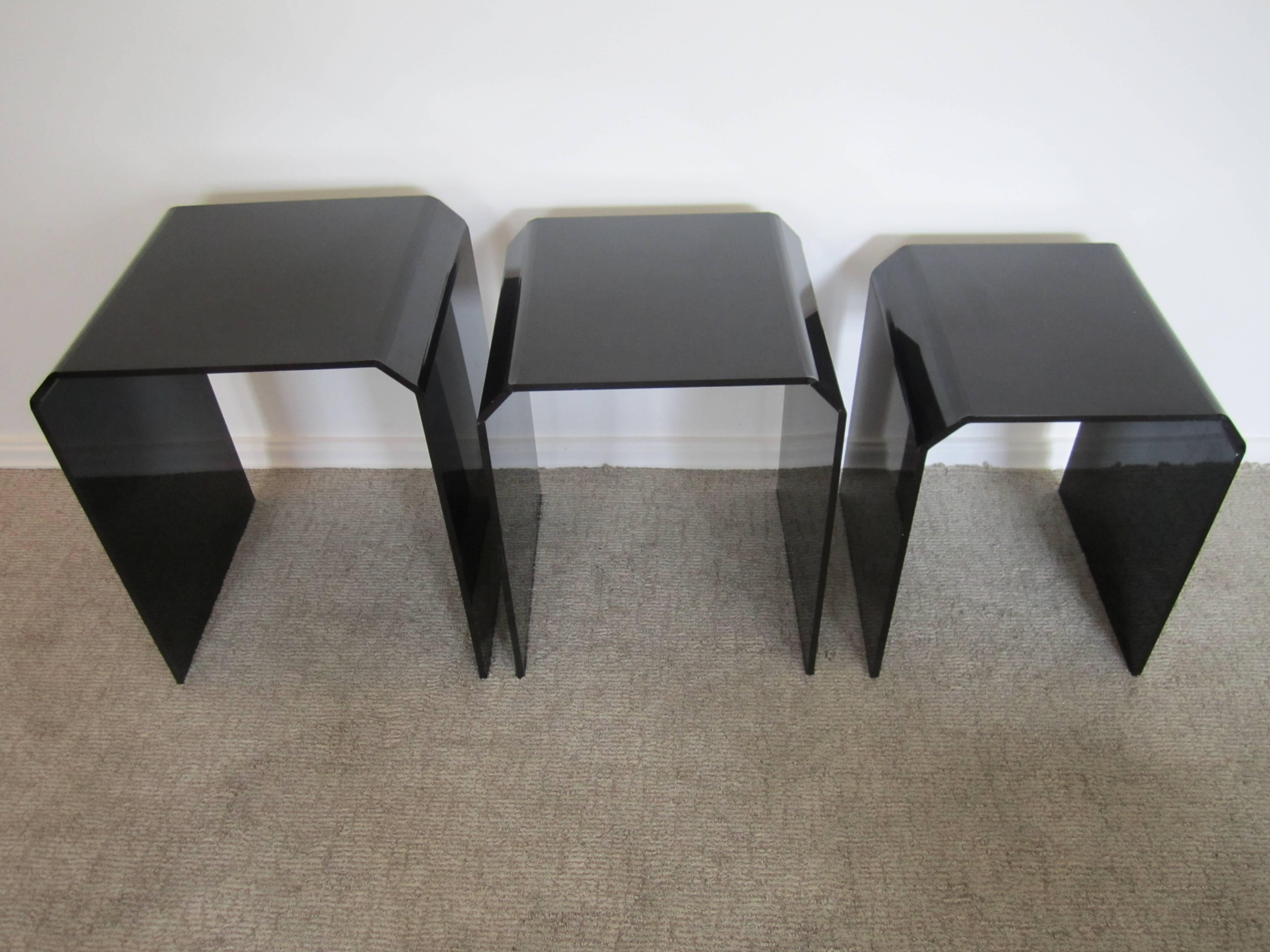 Acrylic Modern Black Lucite Style Nesting Tables with Tapered Corners