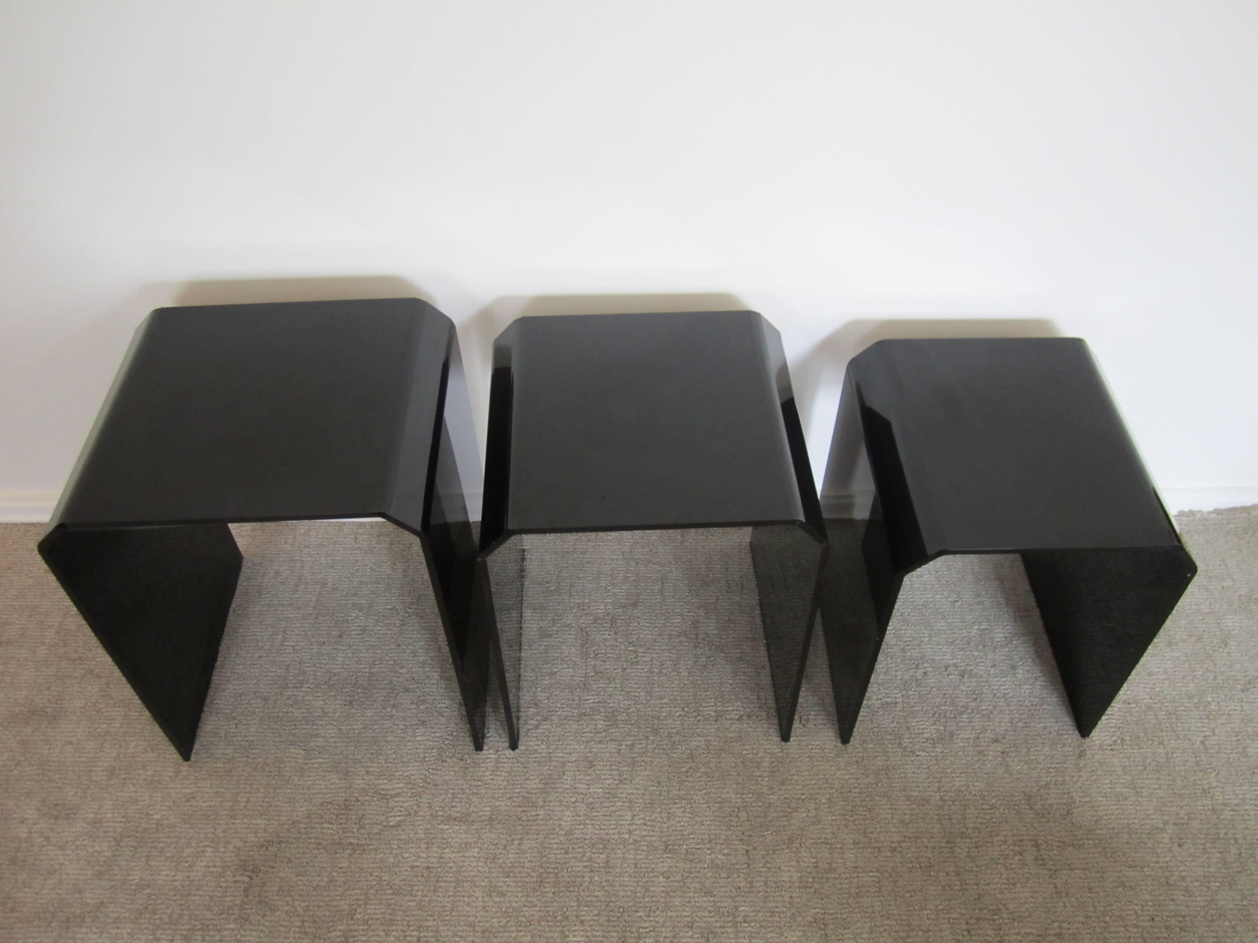 Modern Black Lucite Style Nesting Tables with Tapered Corners 1