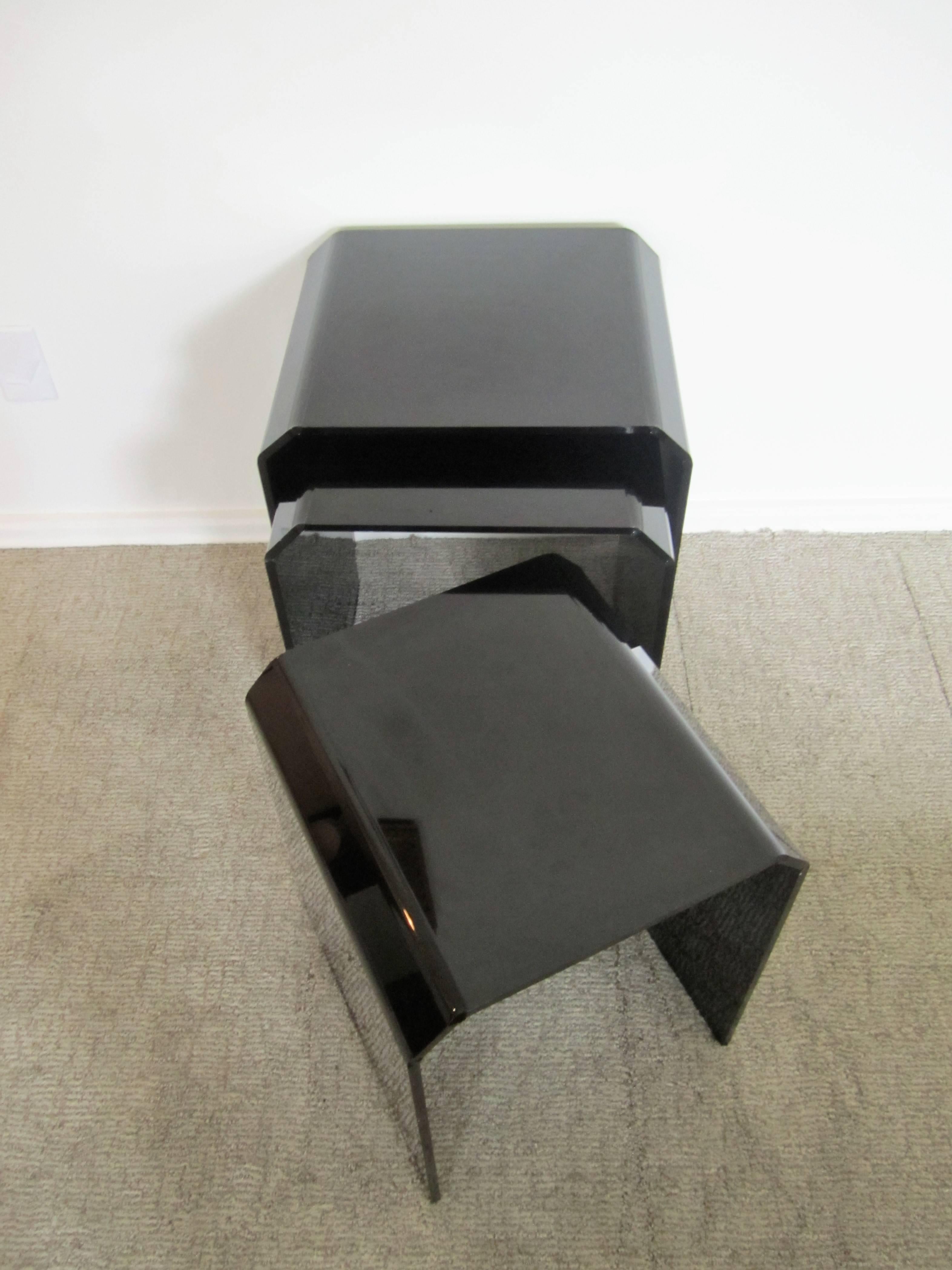 Modern Black Lucite Style Nesting Tables with Tapered Corners 2