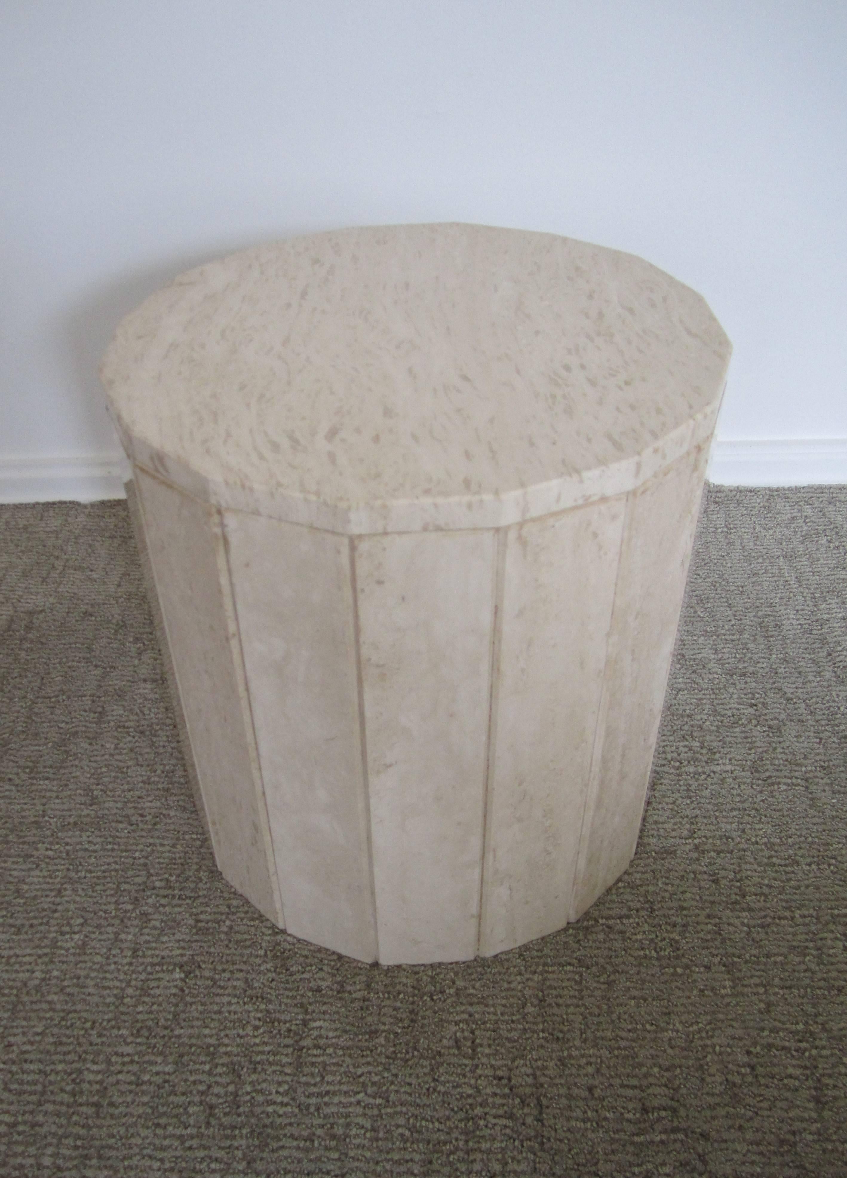 Polished Italian Travertine Marble Modern Round Pedestal Side Table