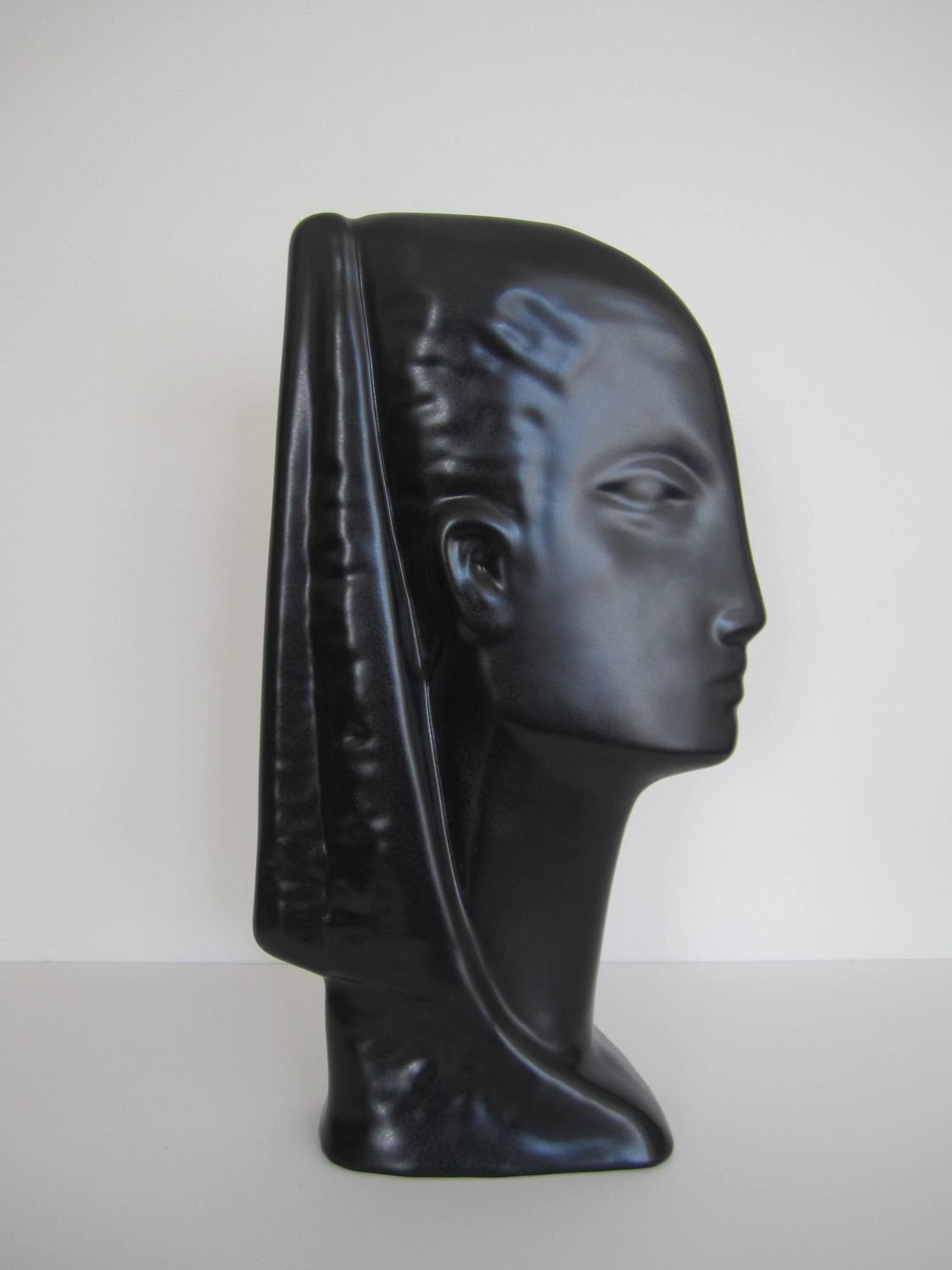 Beautiful Vintage Black Ceramic Face Sculpture For Sale at 1stdibs