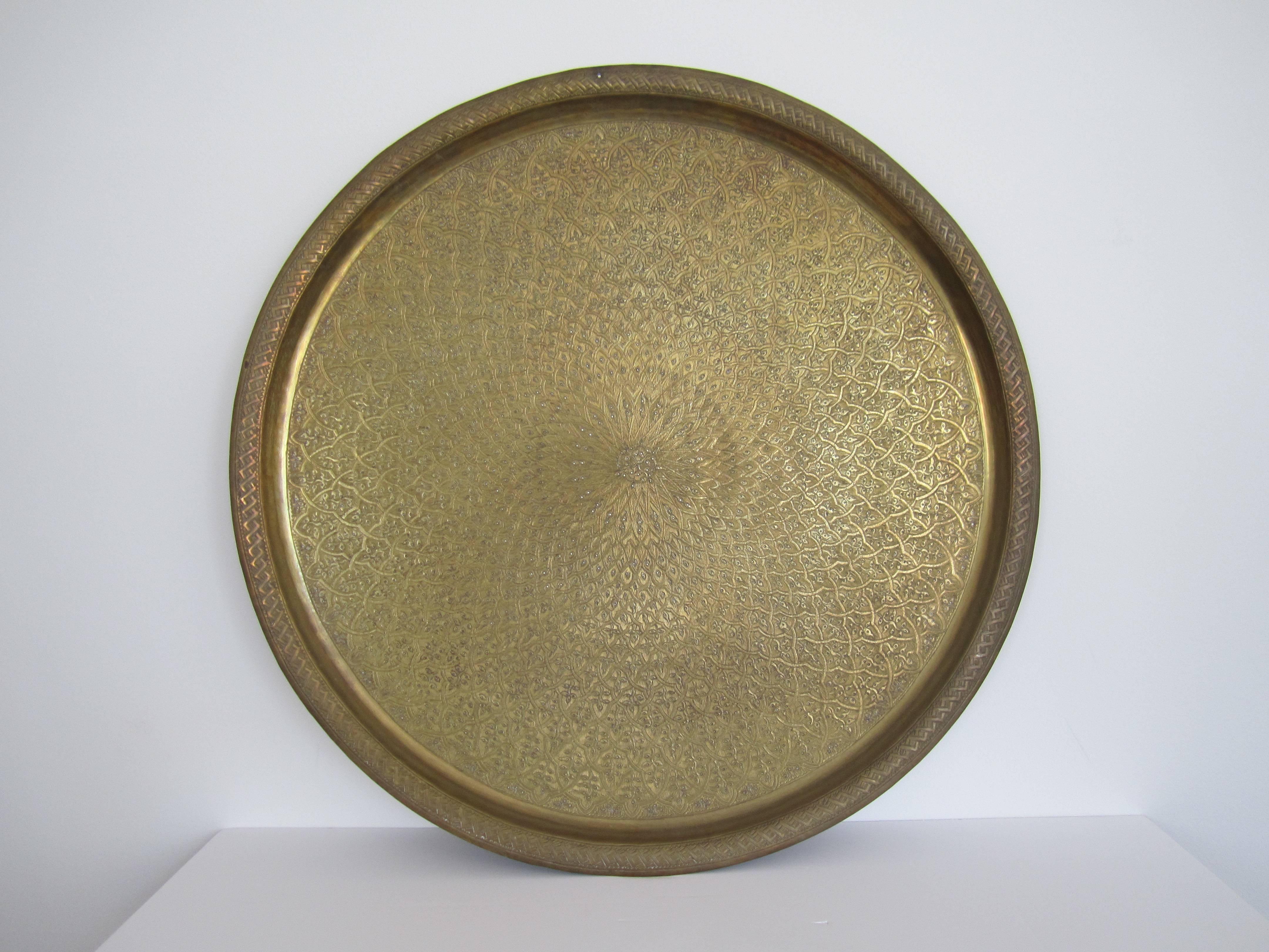 Asian Large Vintage Middle Eastern Brass Serving Tray, 1970s