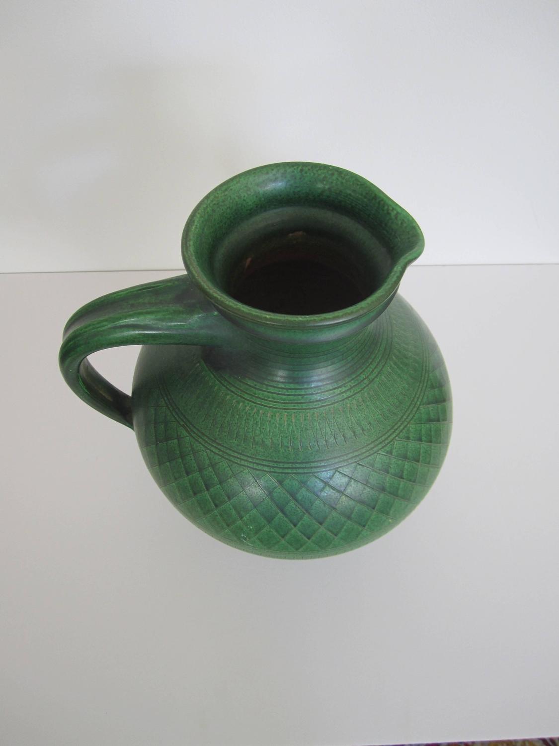 Large Vintage Handmade European Green Pottery Pitcher or Vessel For