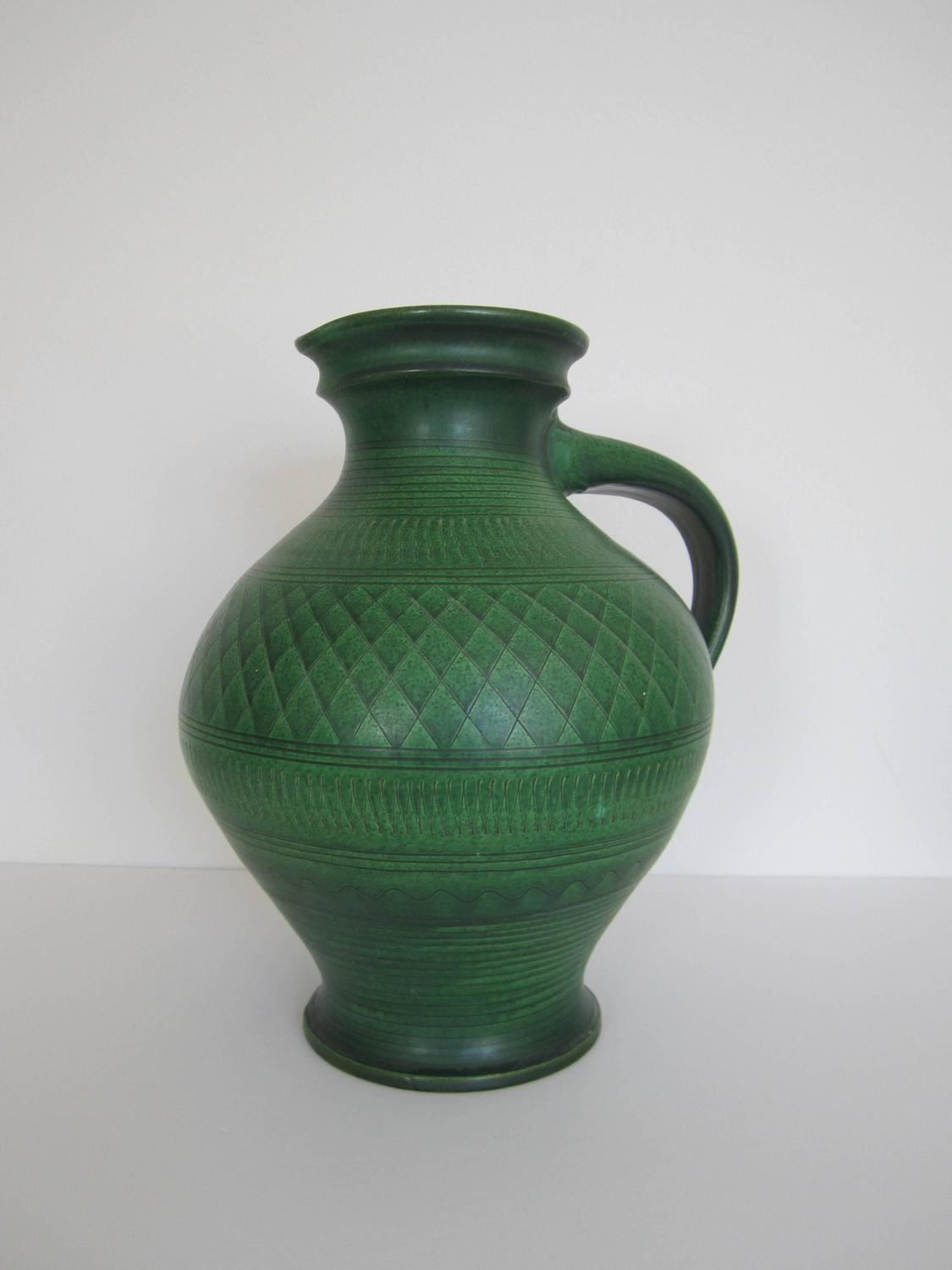 Large Vintage Handmade European Green Pottery Pitcher or Vessel For