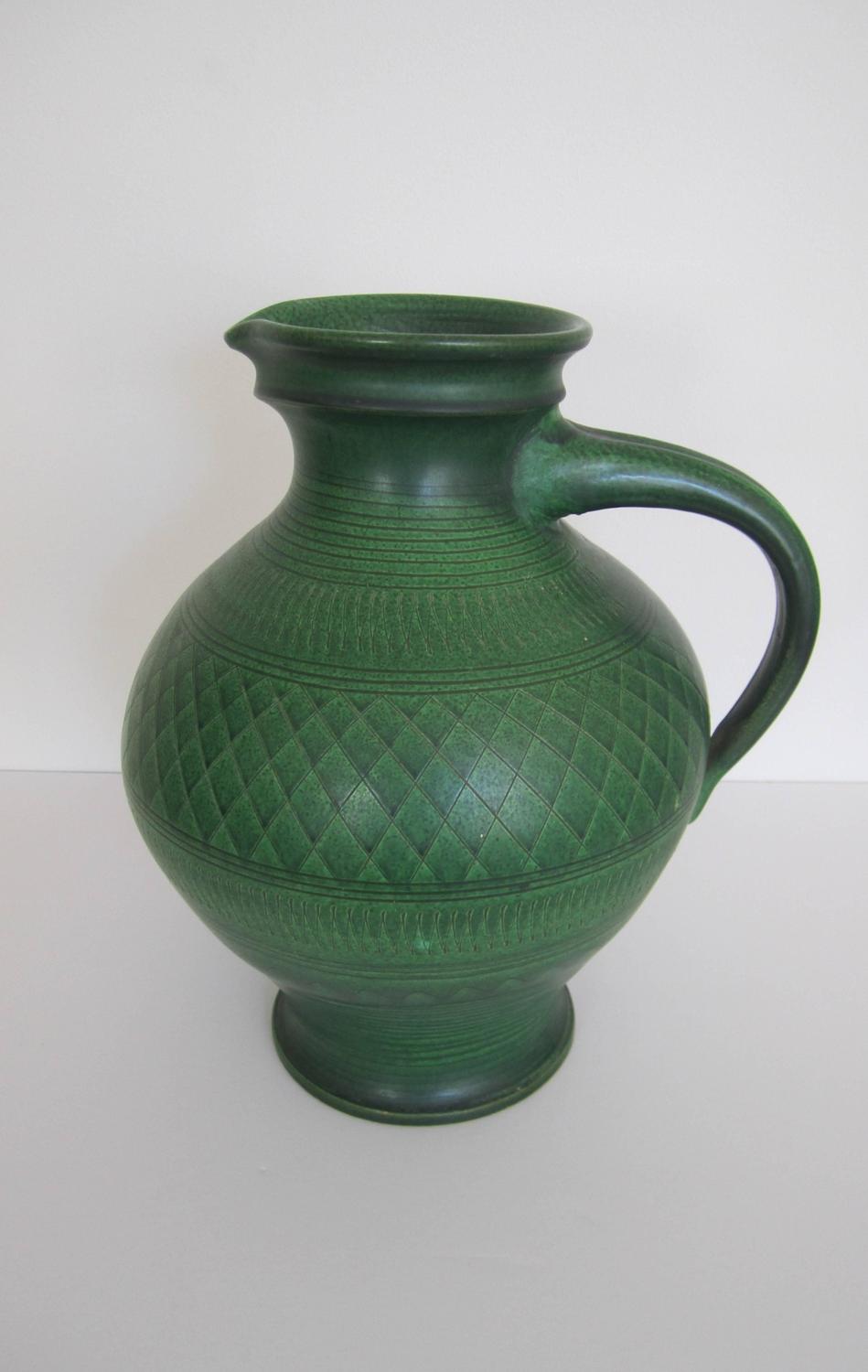 Large Vintage Handmade European Green Pottery Pitcher or Vessel For Sale at 1stdibs