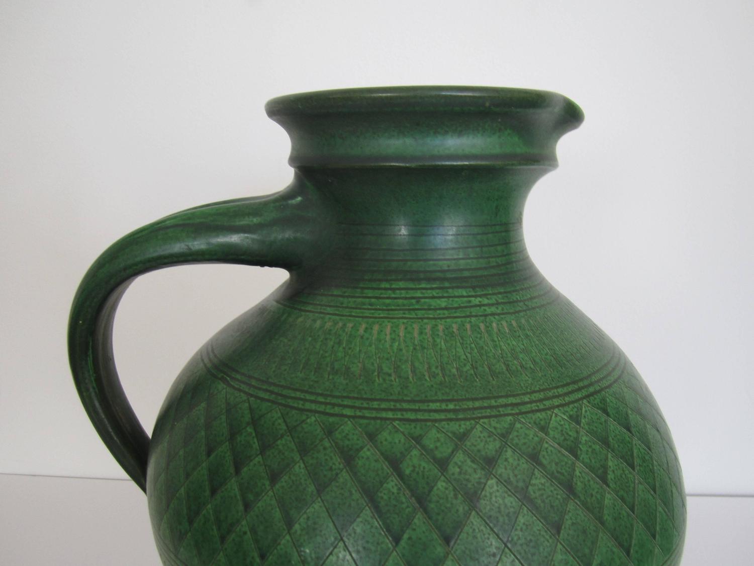 Large Vintage Handmade European Green Pottery Pitcher or Vessel For