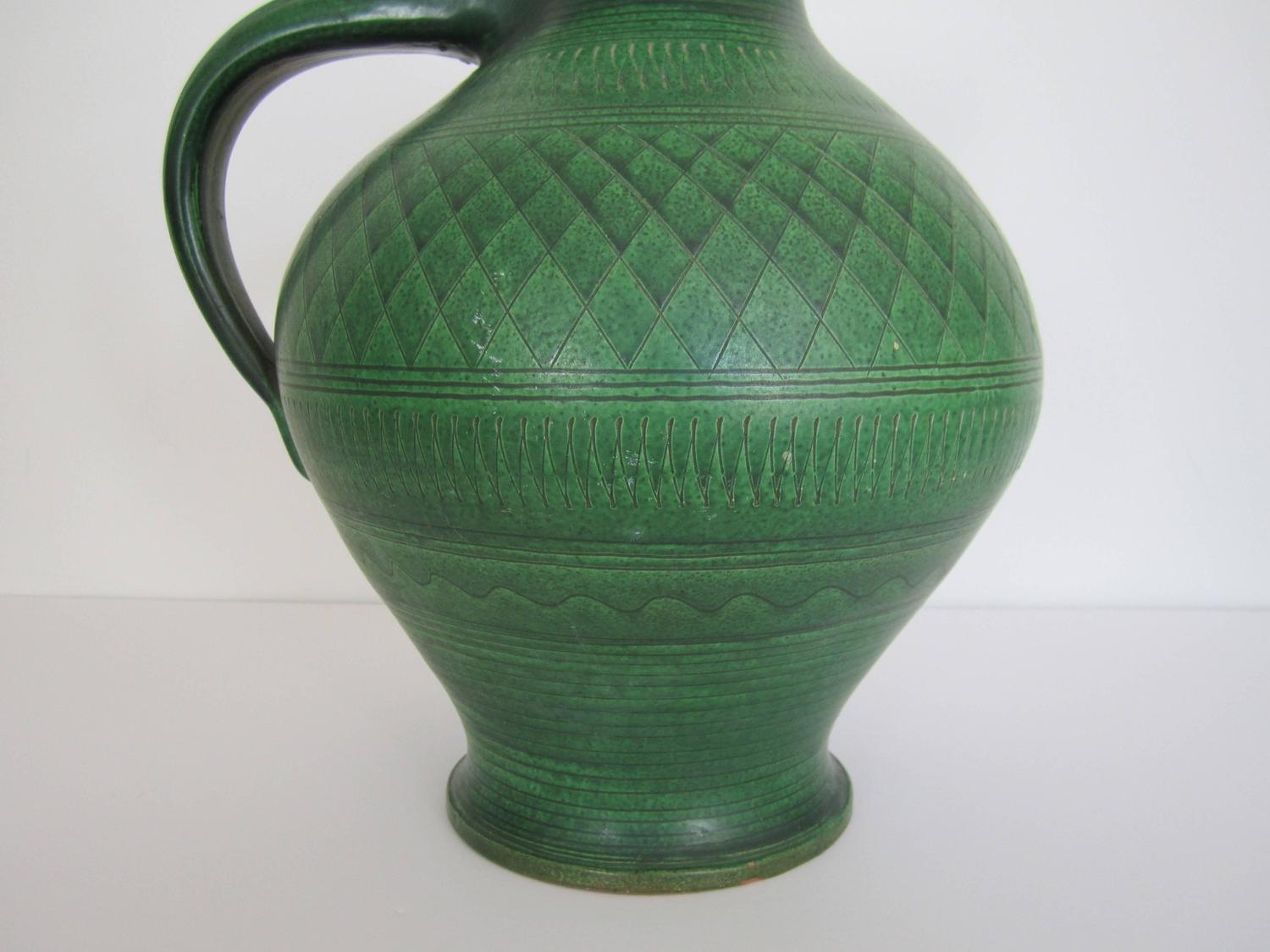 Large Vintage Handmade European Green Pottery Pitcher or Vessel For Sale at 1stdibs