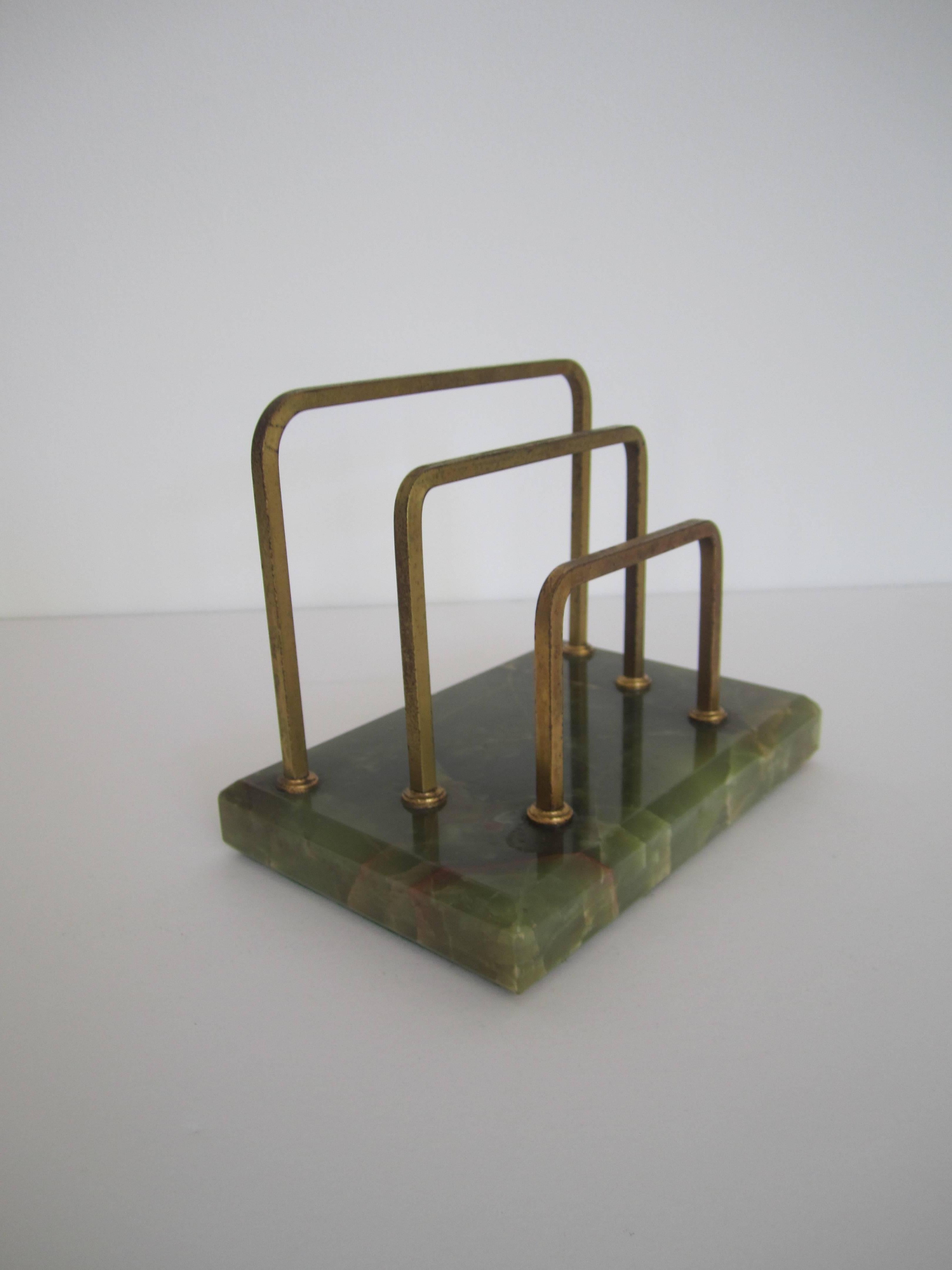 Vintage Brass and Green Onyx Mail or Letter Desk Organizer 1