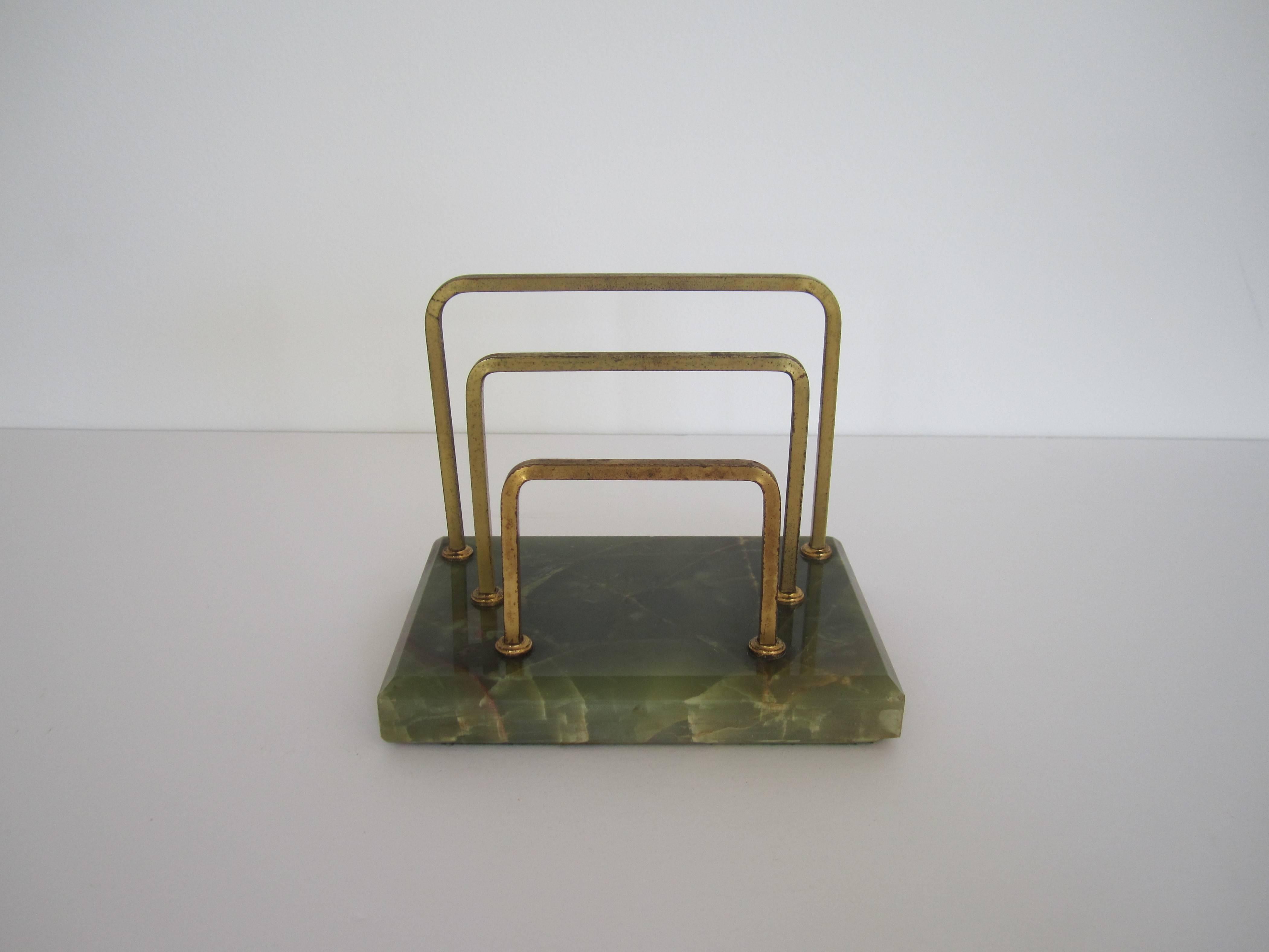 A substantial vintage brass and green onyx mail or letter desk organizer. Onyx base is 1