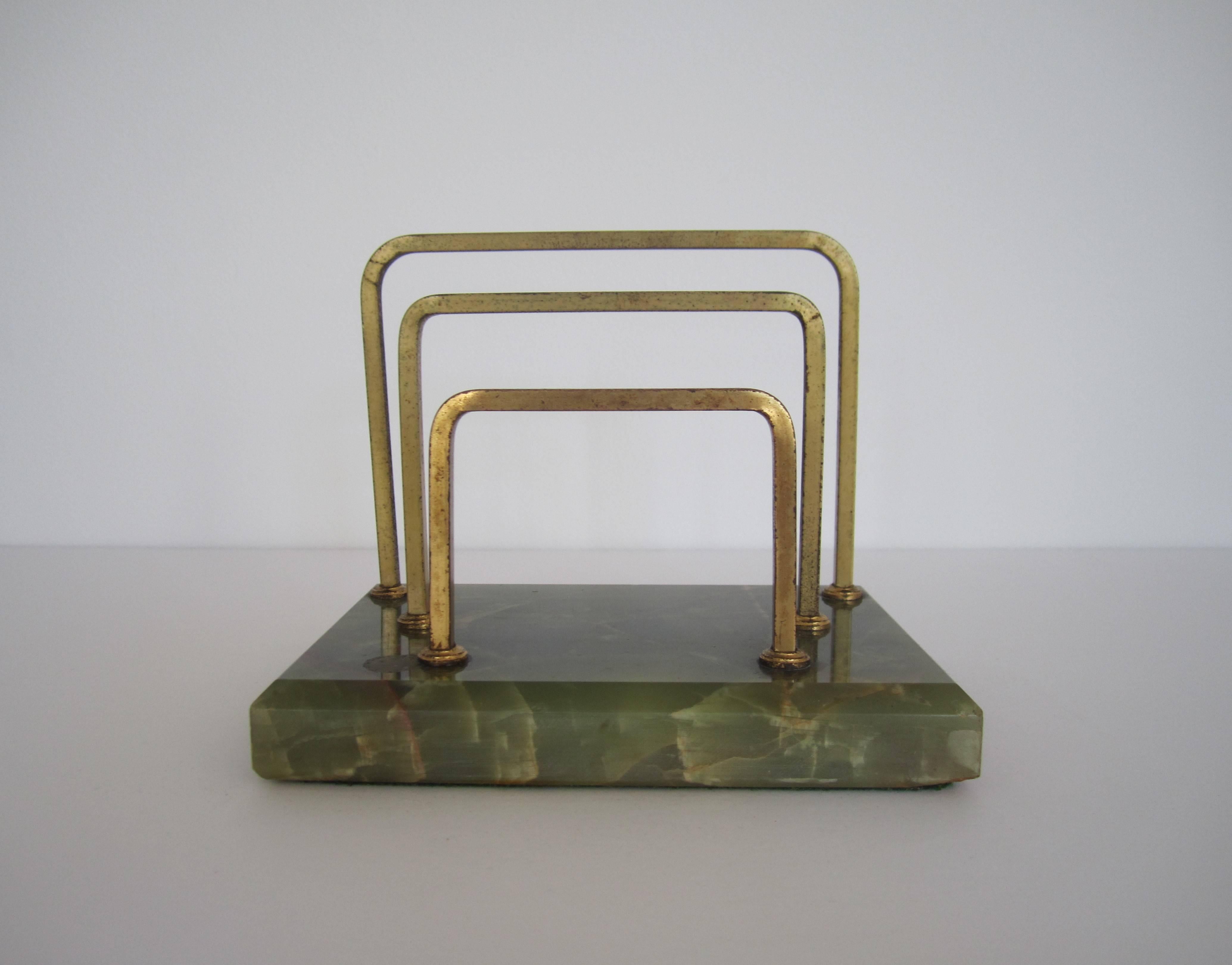 Vintage Brass and Green Onyx Mail or Letter Desk Organizer In Good Condition In New York, NY