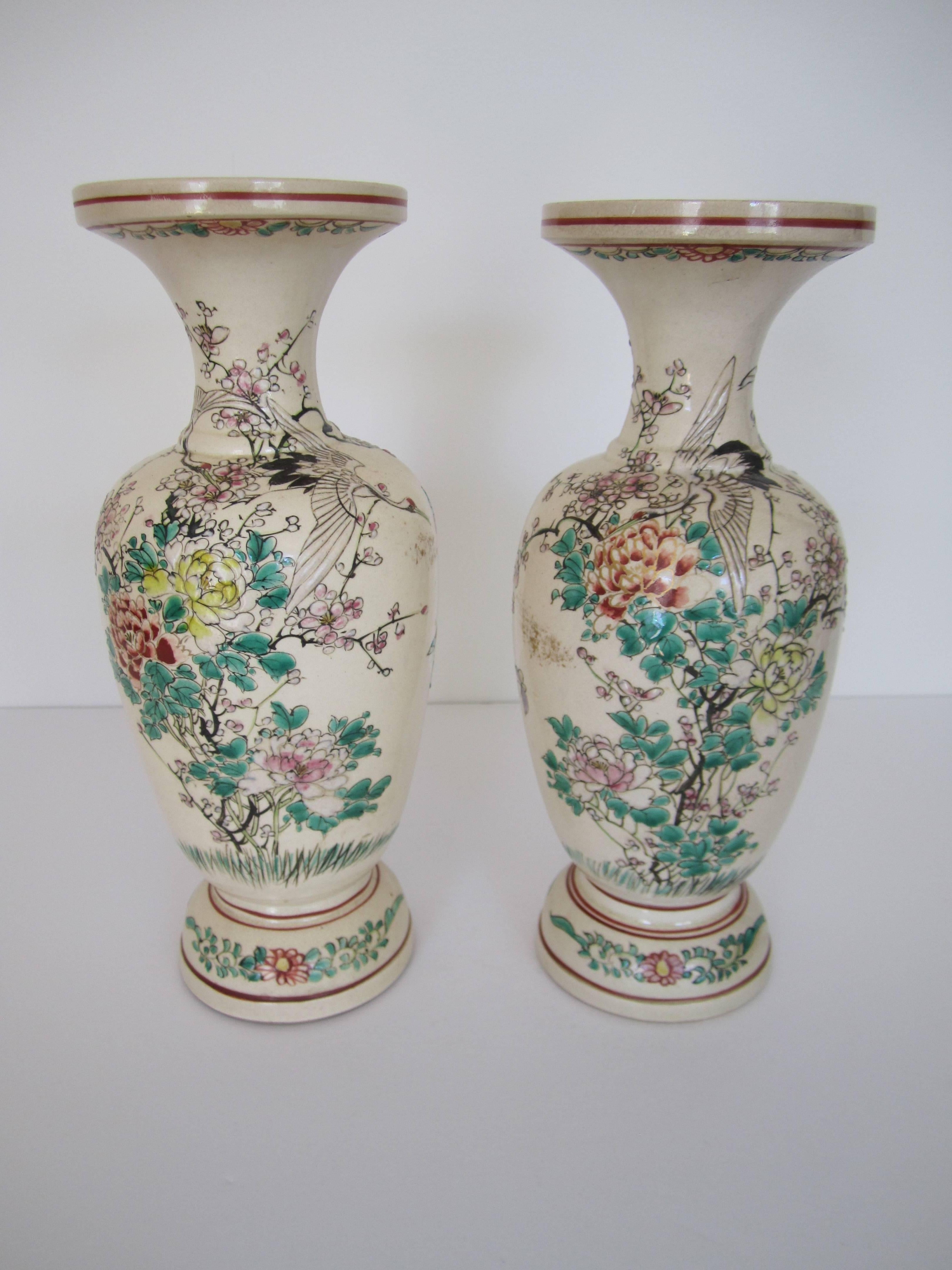 Painted Japanese Earthenware Vases with Birds and Butterflies, Pair  For Sale
