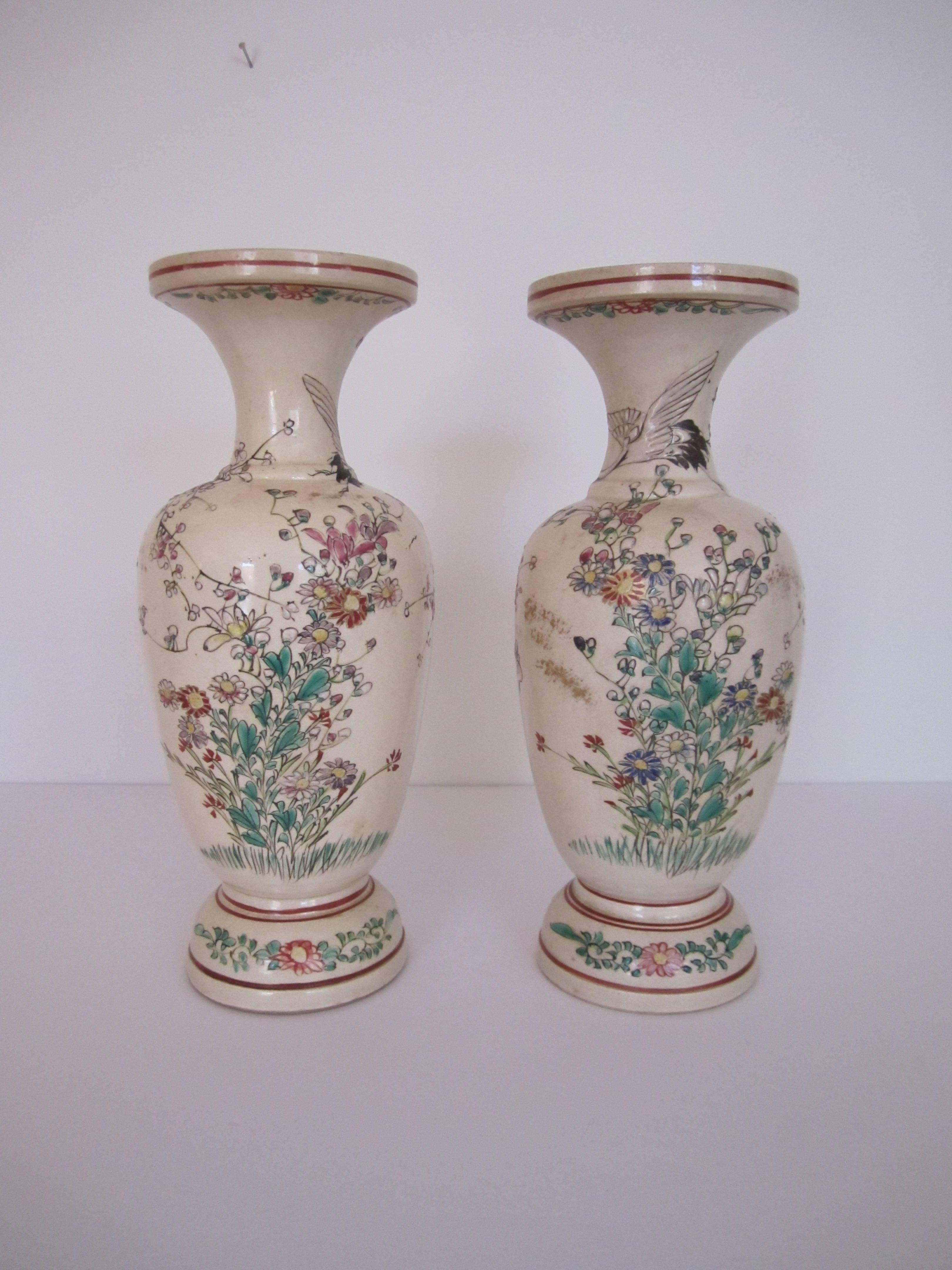 Japanese Earthenware Vases with Birds and Butterflies, Pair  For Sale 3
