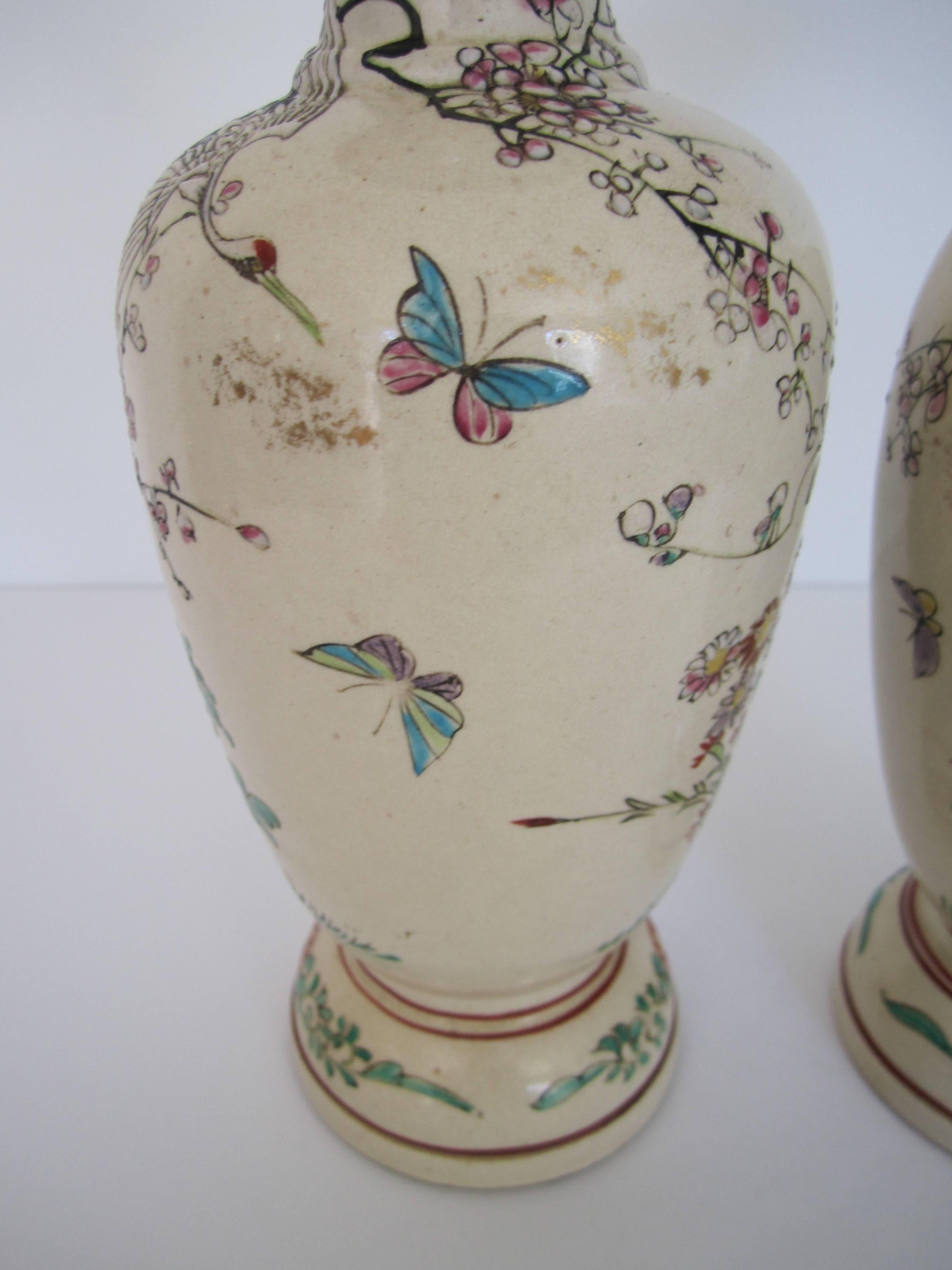 Japanese Earthenware Vases with Birds and Butterflies, Pair  For Sale 4