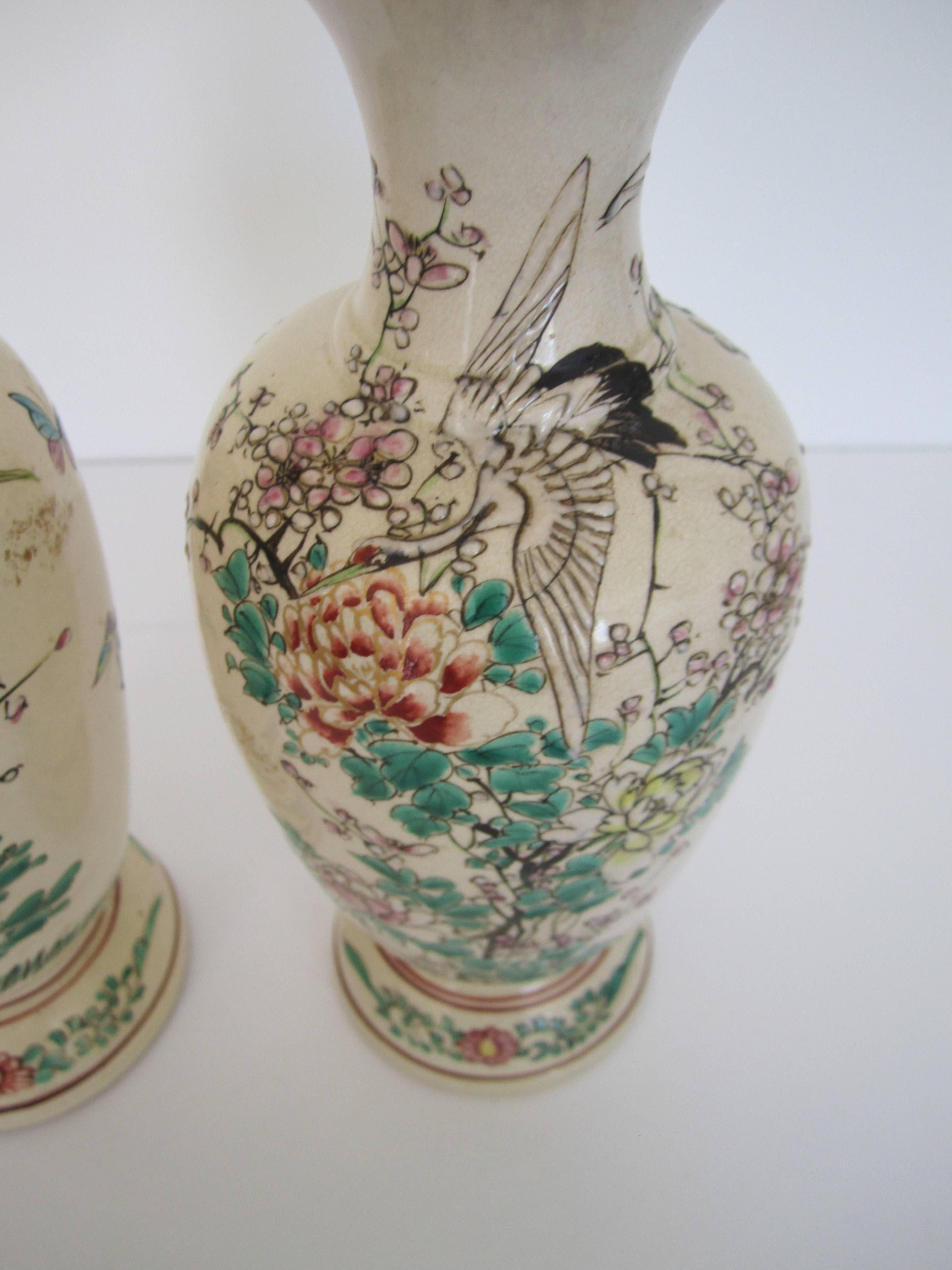 20th Century Japanese Earthenware Vases with Birds and Butterflies, Pair  For Sale